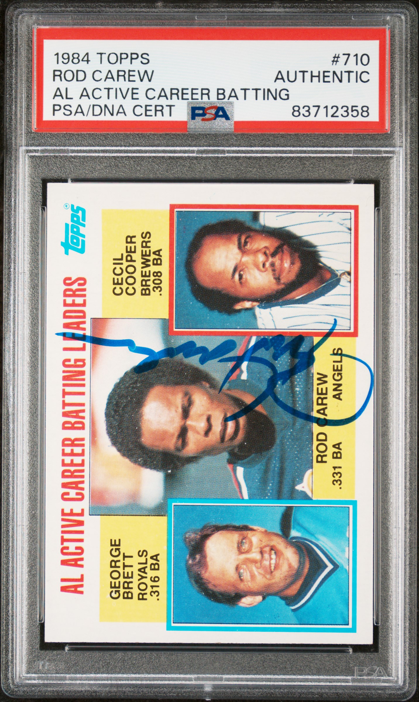 Rod Carew 1984 Topps AL Active Career Batting Signed Baseball Card #710 Auto PSA