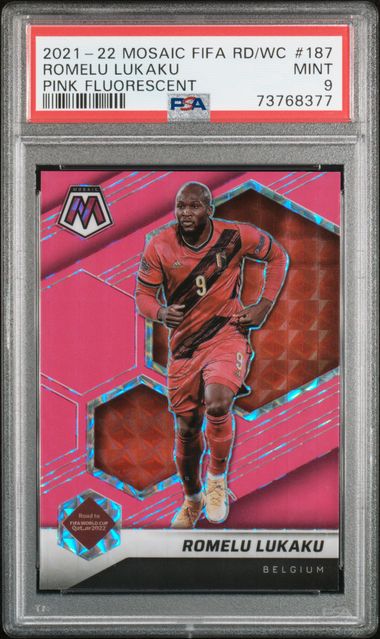 Romelu Lukaku 2021 Panini Mosaic World Cup Pink Fluorescent Card #187 PSA 9 1/10