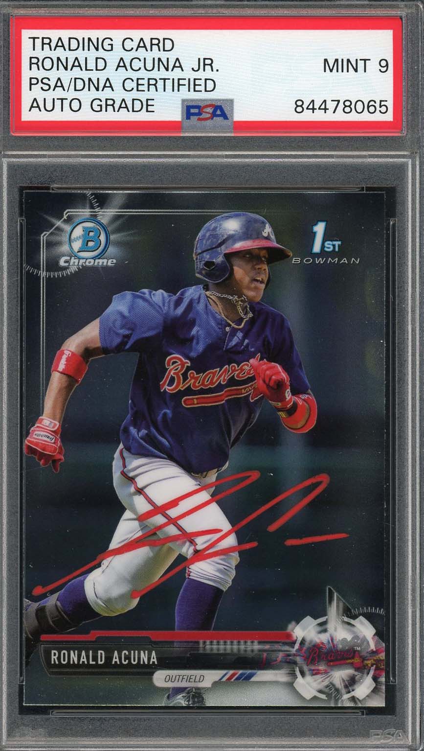 Ronald Acuna Jr Autographed 2017 1st Bowman Chrome Rookie Card #BCP127 PSA DNA 9