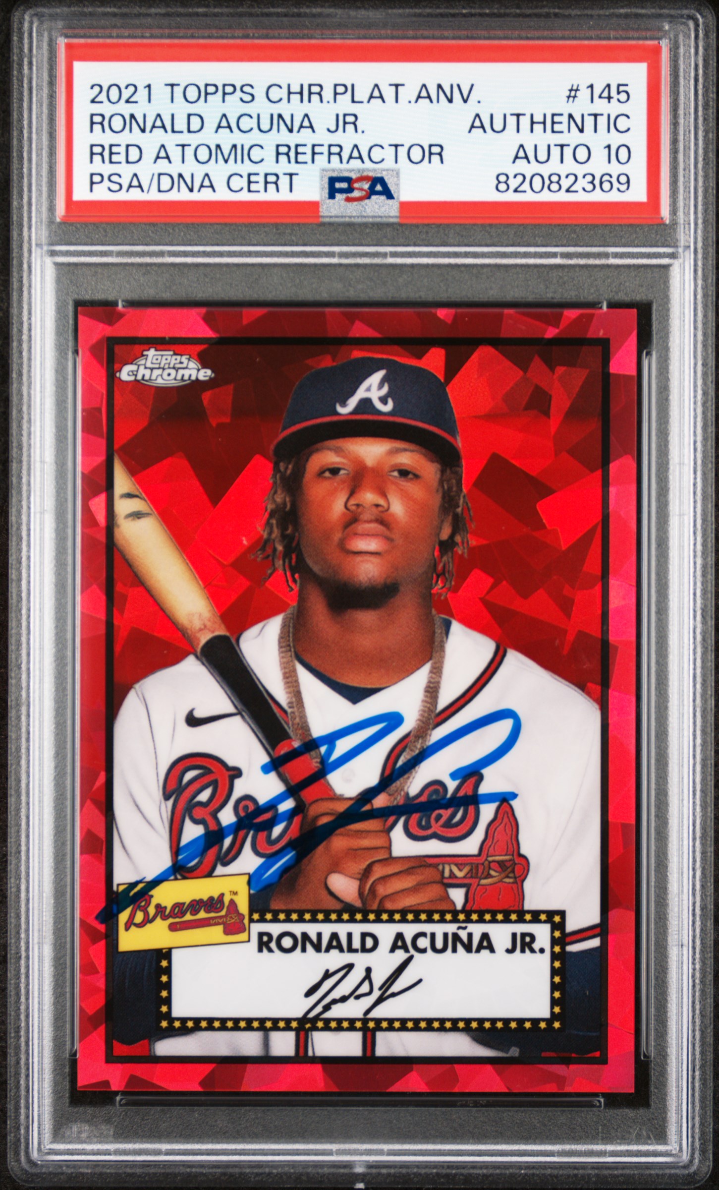 Ronald Acuna Jr 2021 Topps Chrome Red Refractor Card #145 Auto PSA 10 43/100