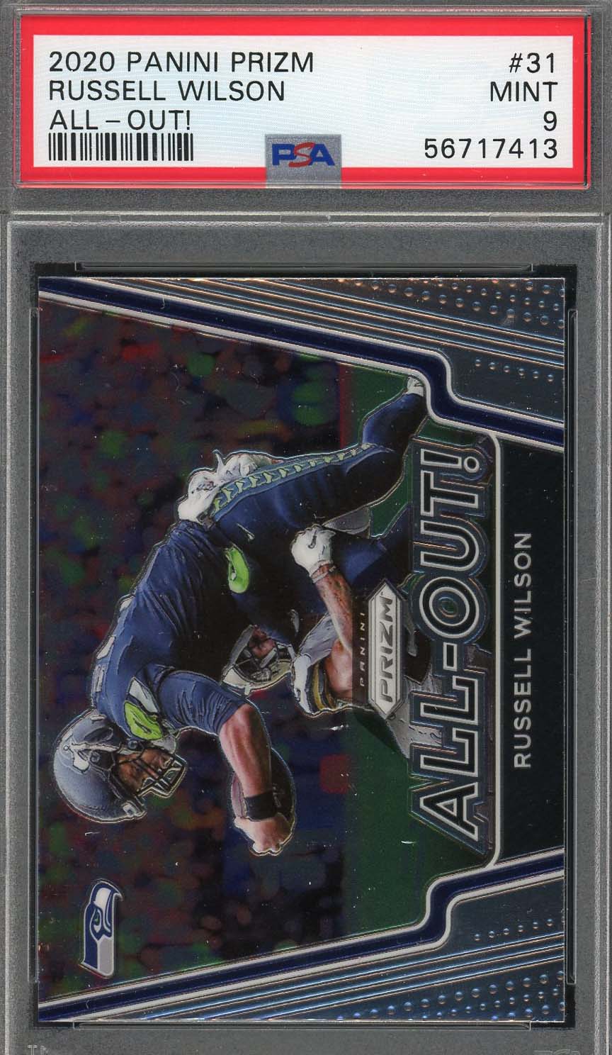 Russell Wilson 2020 Panini Prizm All Out! Football Card #31 Graded PSA 9