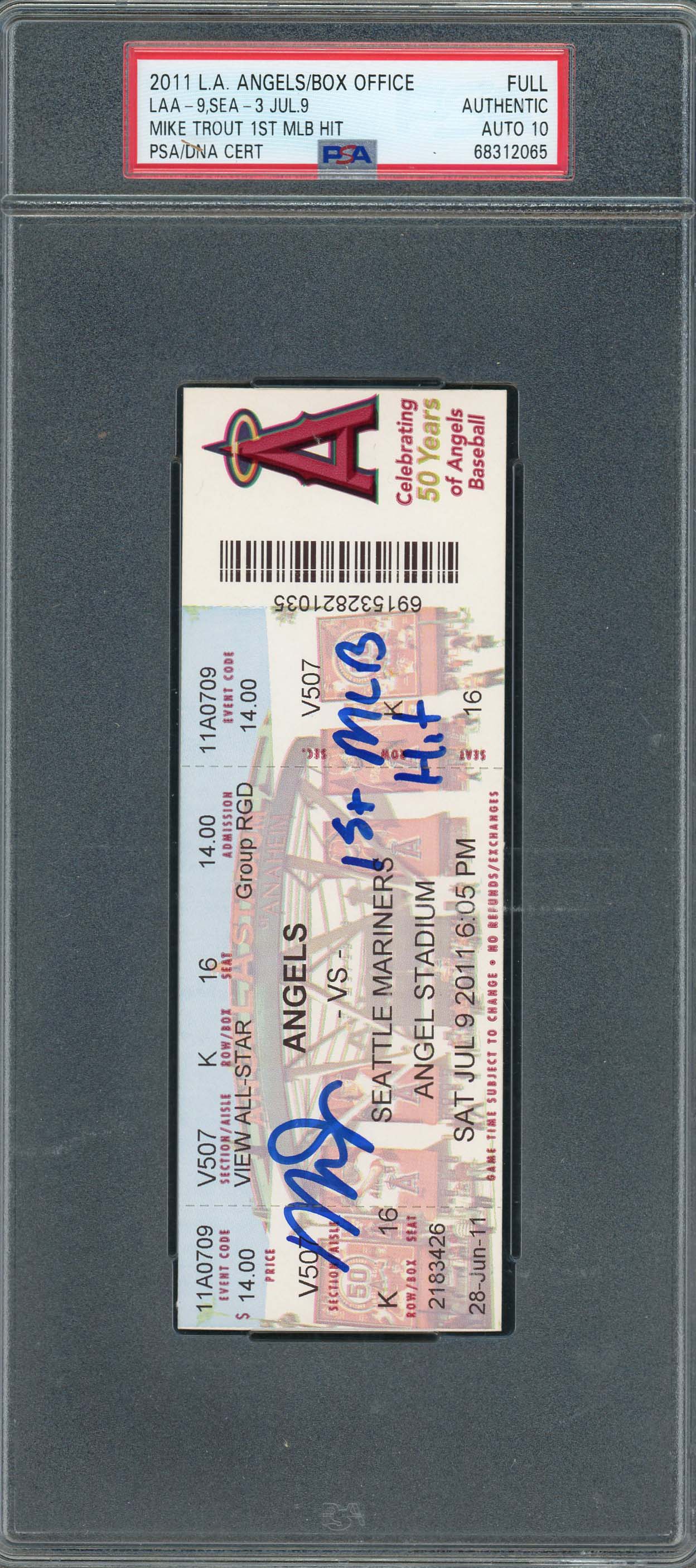 Mike Trout 1st MLB Hit Signed Baseball Box Office Full Ticket Auto Graded PSA 10