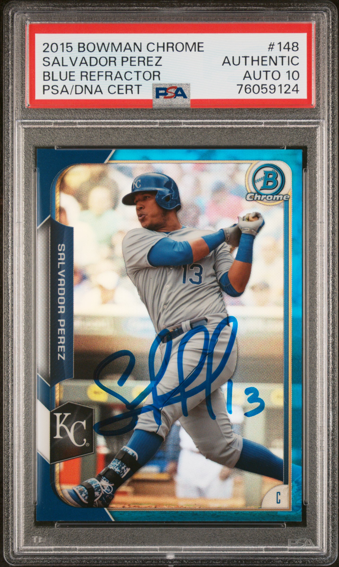 Salvador Perez 2015 Bowman Chrome Blue Refractor Signed Card #148 Auto PSA 10