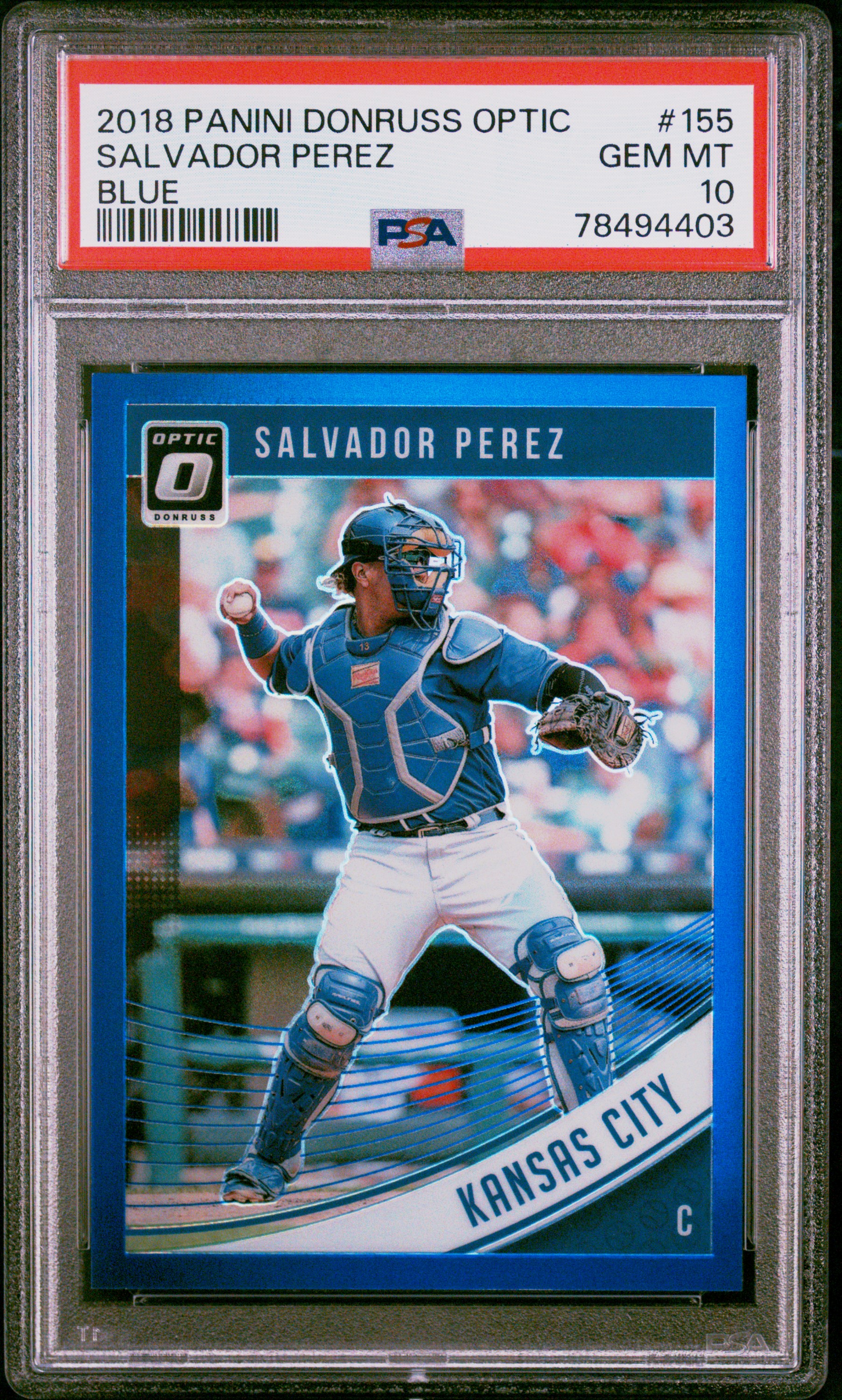 Salvador Perez 2018 Panini Donruss Optic Blue Baseball Card #155 Graded PSA 10