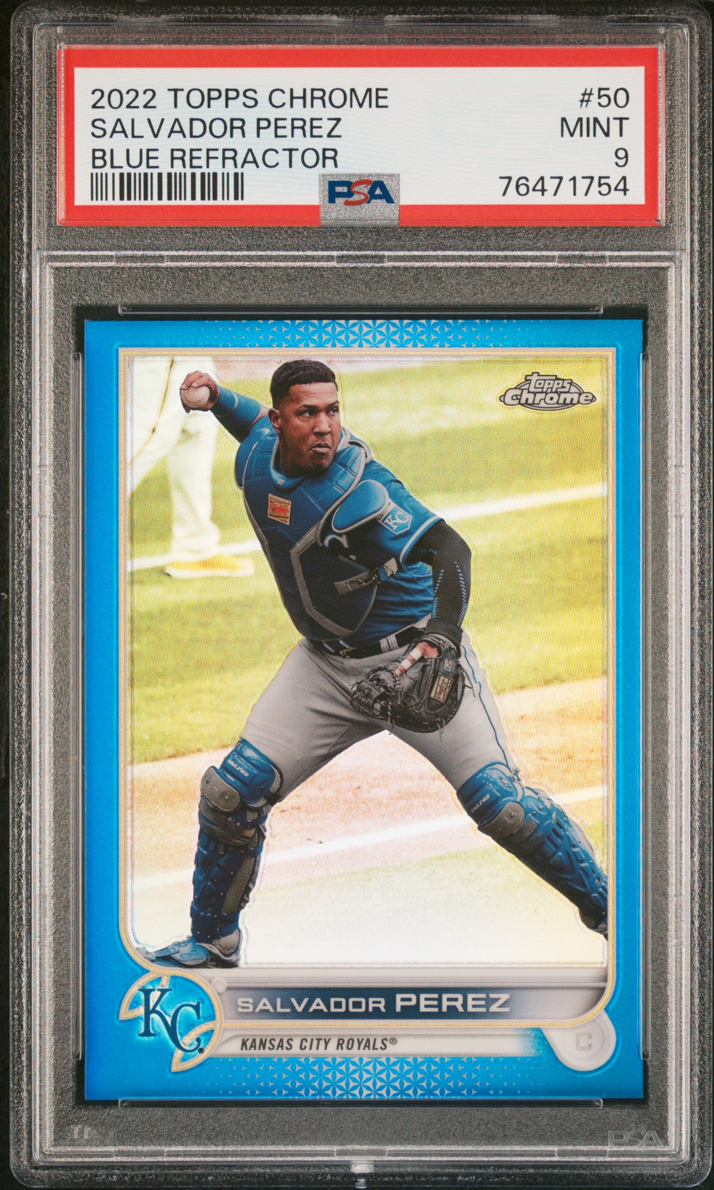 Salvador Perez 2022 Topps Chrome Blue Refractor Baseball Card #50 Graded PSA 9