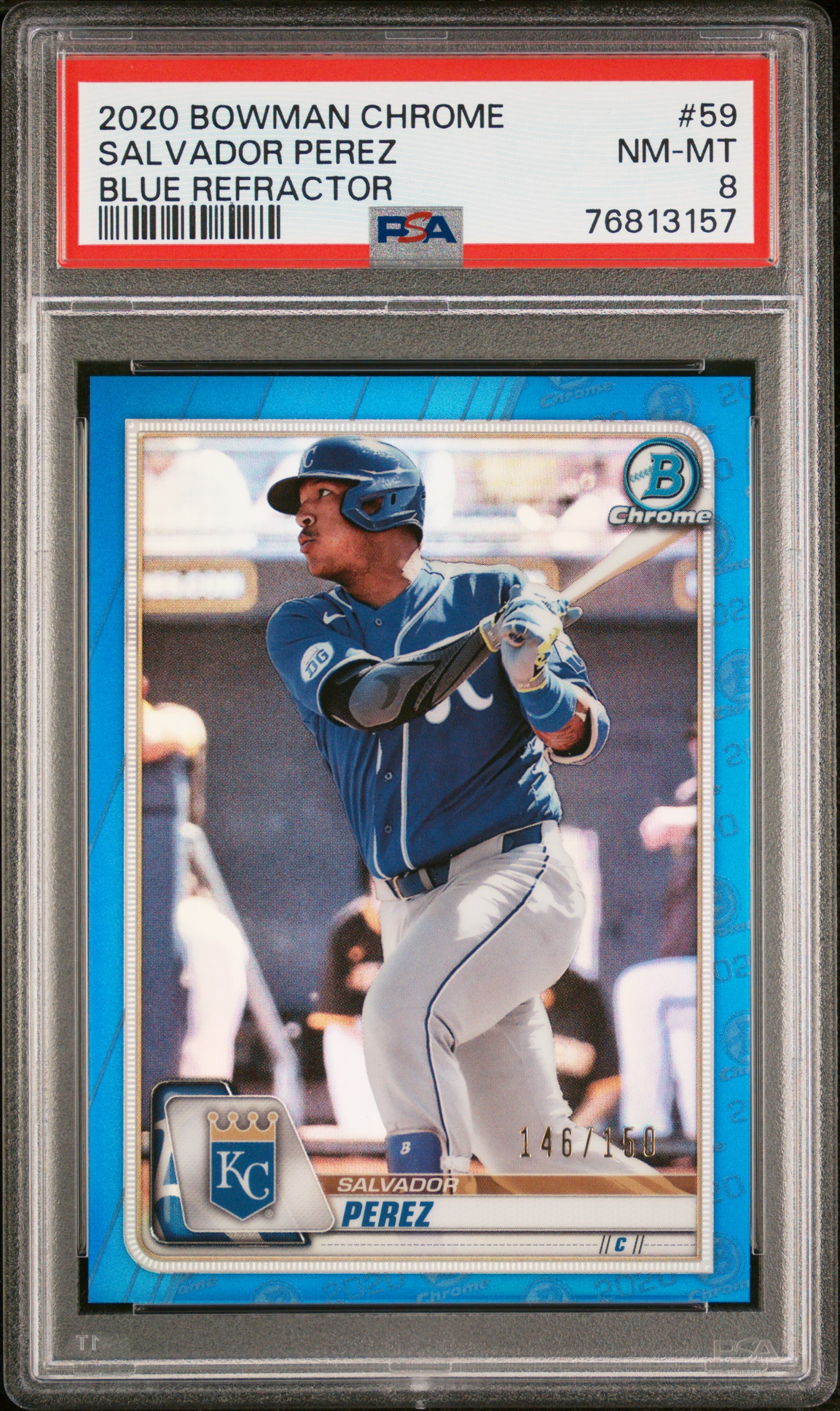 Salvador Perez 2020 Bowman Chrome Blue Refractor Baseball Card #59 PSA 8 146/150