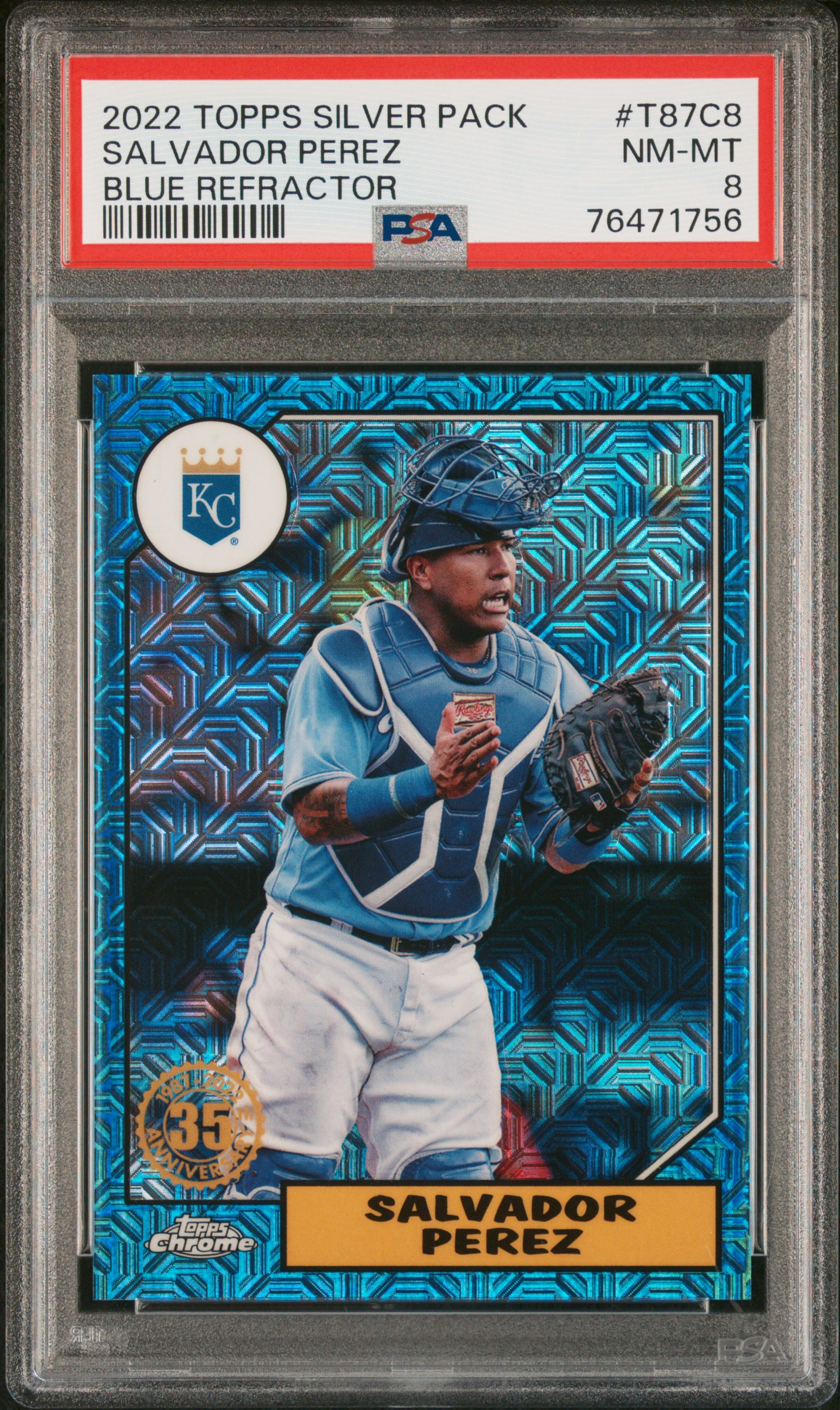 Salvador Perez 2022 Topps Silver Pack Blue Refractor Card #T87C8 Graded PSA 8