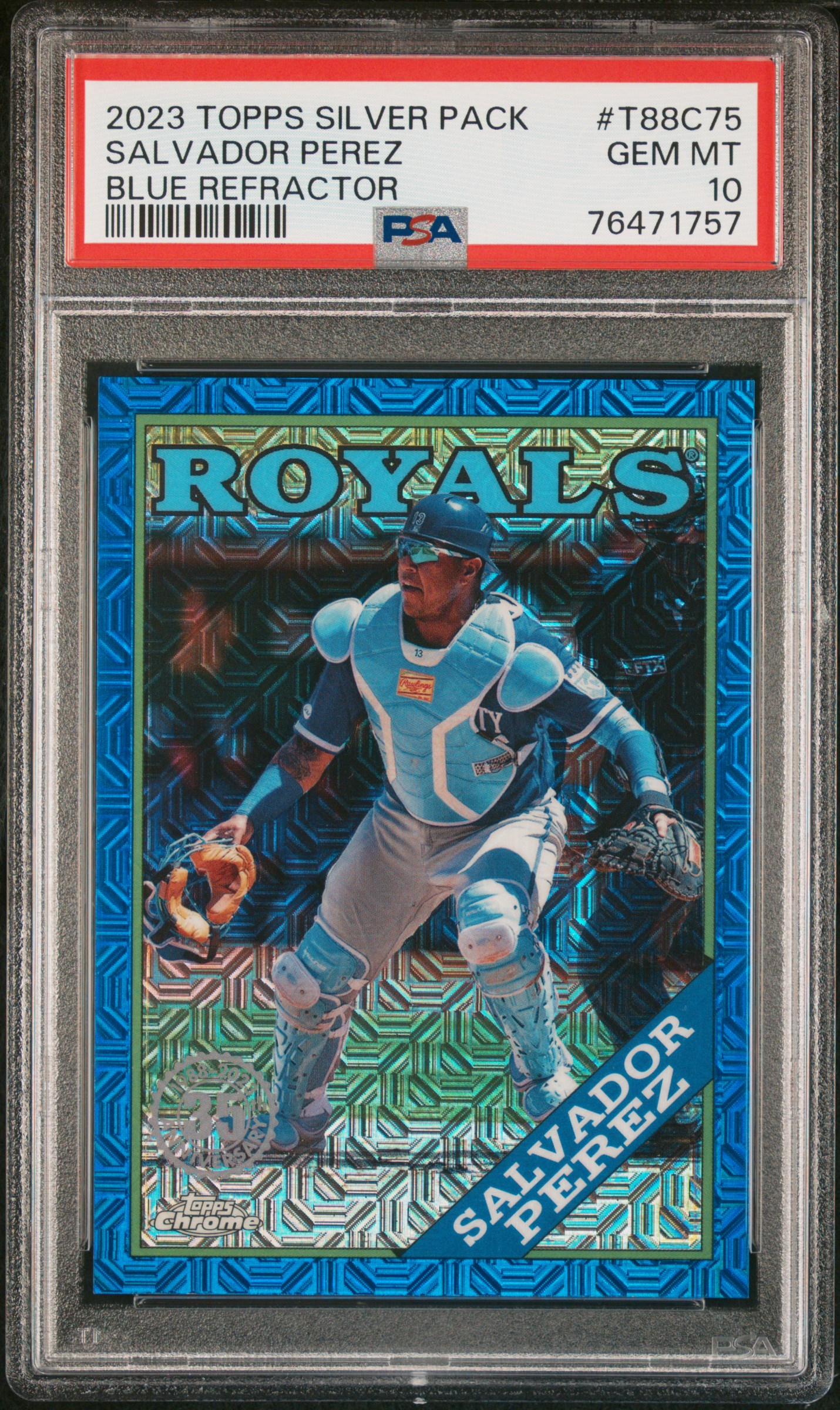 Salvador Perez 2023 Topps Silver Pack Blue Refractor Card #T87C75 Graded PSA 10