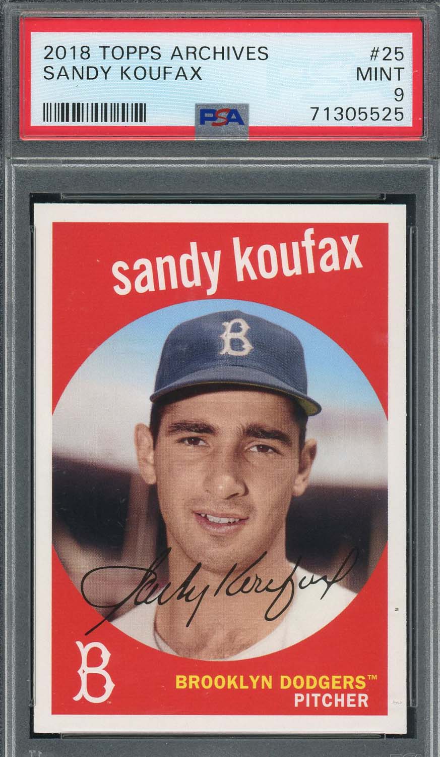 Sandy Koufax 2018 Topps Archives Baseball Card #25 Graded PSA 9
