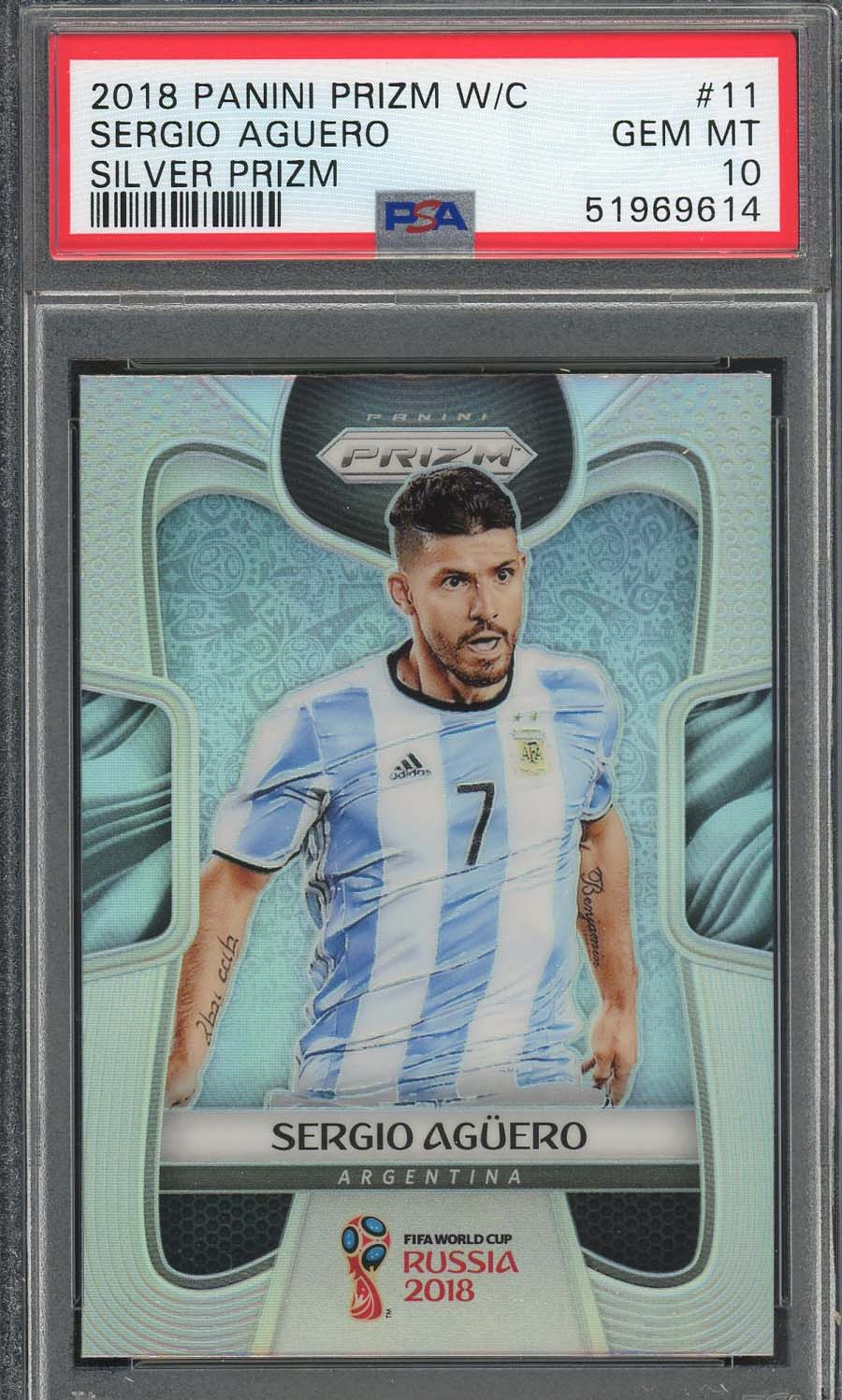 Sergio Aguero 2018 Panini Prizm World Cup Silver Prizm Card #11 PSA 10 Sergio Aguero 2018 Panini Prizm World Cup Silver Prizm Card #11 PSA 10