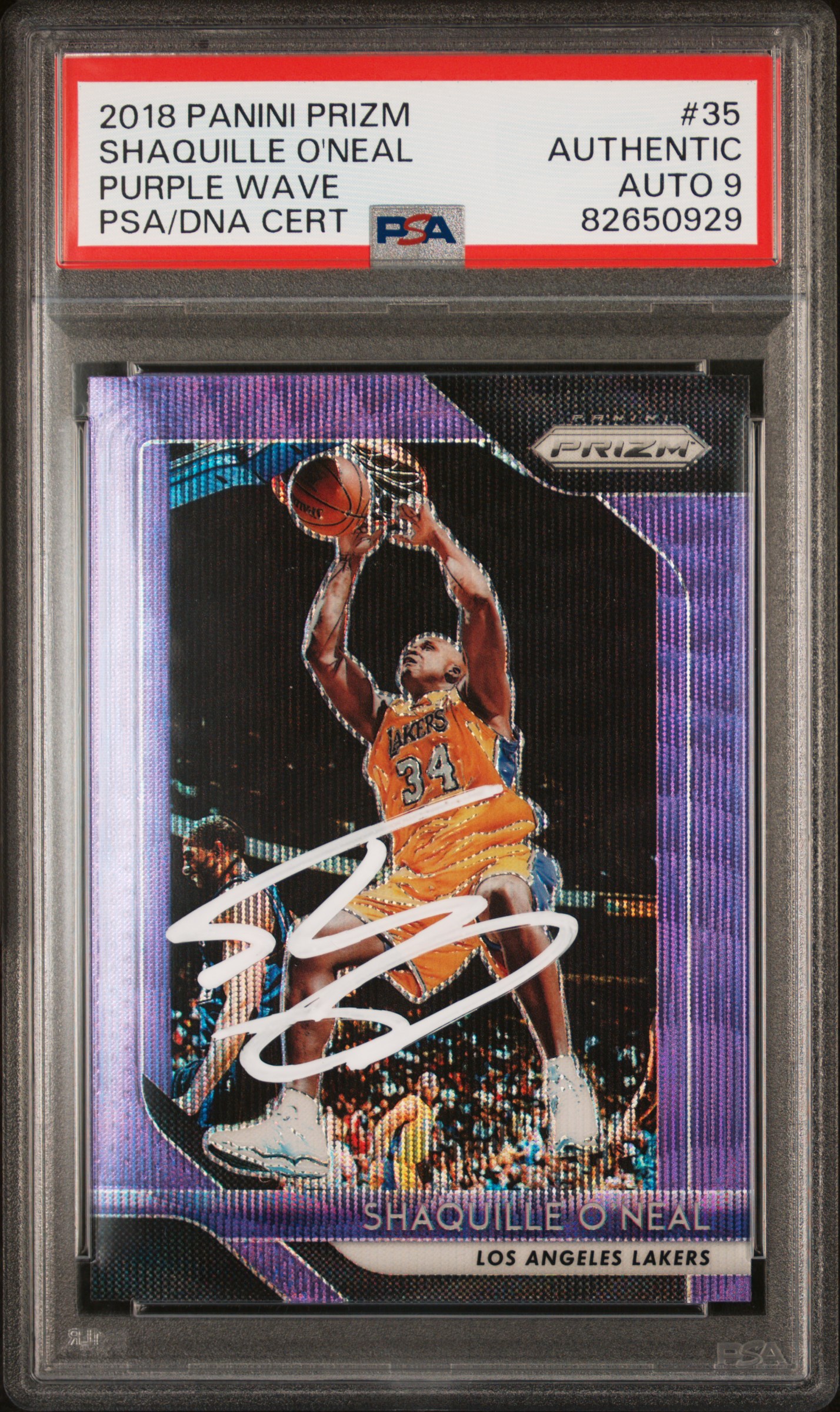 Shaquille O'Neal 2018 Panini Prizm Purple Wave Signed Card #35 Auto Graded PSA 9