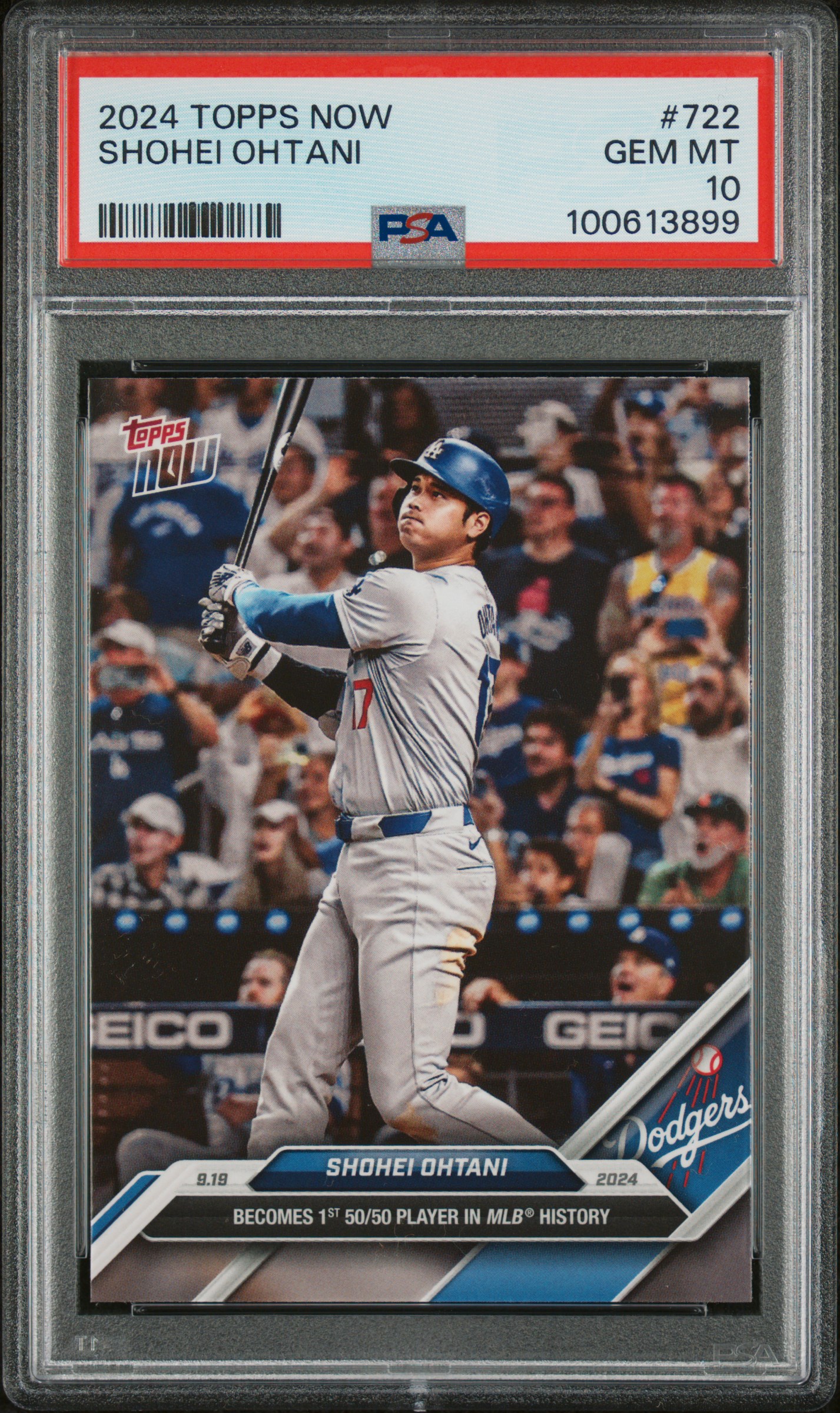 Shohei Ohani 2024 Topps Now Baseball Card #722 1st 50/50 Graded PSA 10