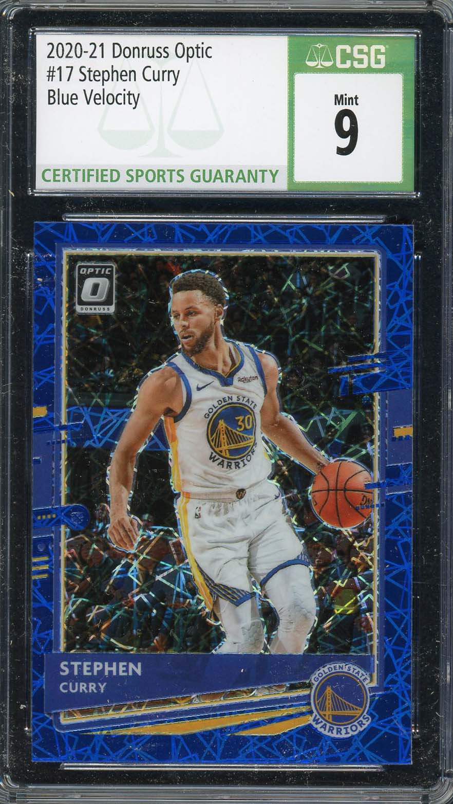 Stephen Curry 2020 Donruss Optic Blue Velocity Basketball Card #17 Graded CSG 9 Stephen Curry 2020 Donruss Optic Blue Velocity Basketball Card #17 Graded CSG 9