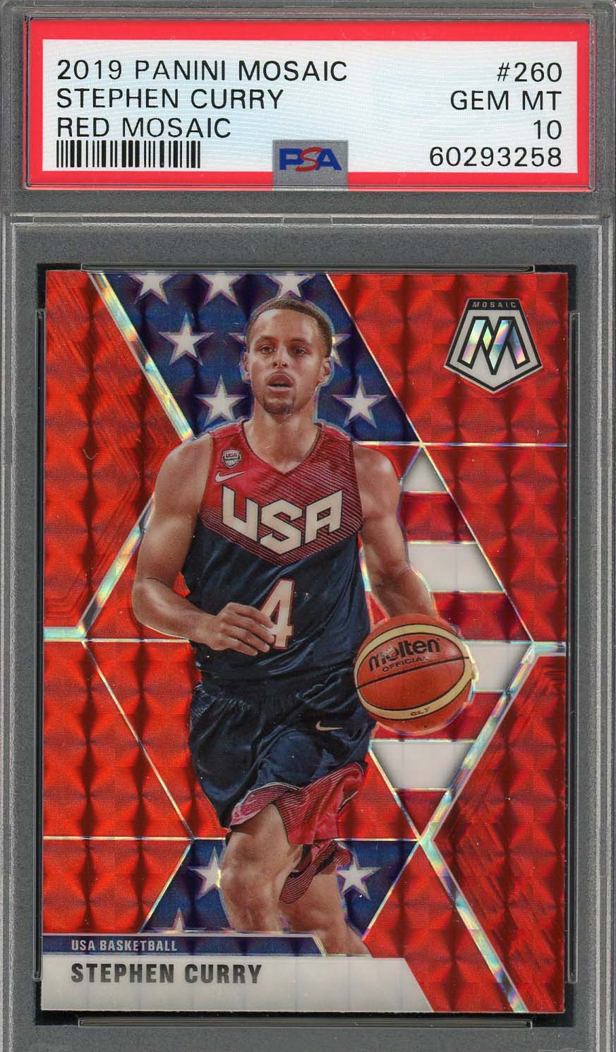 Stephen Curry 2019 Panini Red Mosaic Basketball Card #260 Graded PSA 10 Stephen Curry 2019 Panini Red Mosaic Basketball Card #260 Graded PSA 10