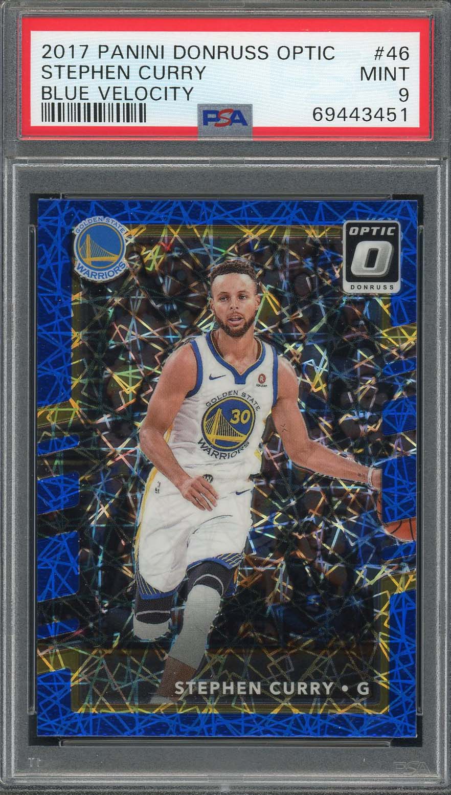 Stephen Curry 2017 Panini Donruss Optic Blue Velocity Card #46 Graded PSA 9 Stephen Curry 2017 Panini Donruss Optic Blue Velocity Card #46 Graded PSA 9