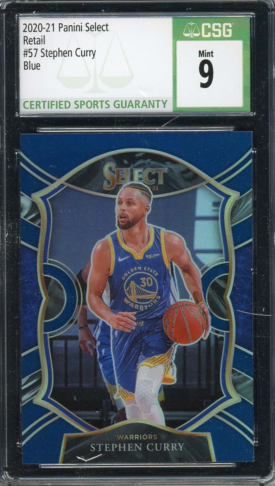 Stephen Curry 2020 Panini Select Retail Blue Basketball Card #57 Graded CSG 9 Stephen Curry 2020 Panini Select Retail Blue Basketball Card #57 Graded CSG 9