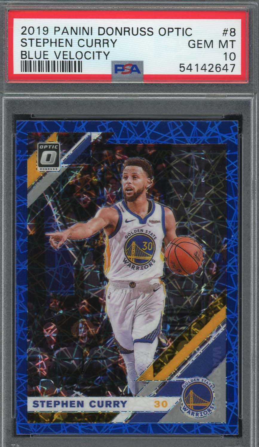 Stephen Curry 2019 Panini Donruss Optic Blue Velocity Basketball Card #8 PSA 10 Stephen Curry 2019 Panini Donruss Optic Blue Velocity Basketball Card #8 PSA 10