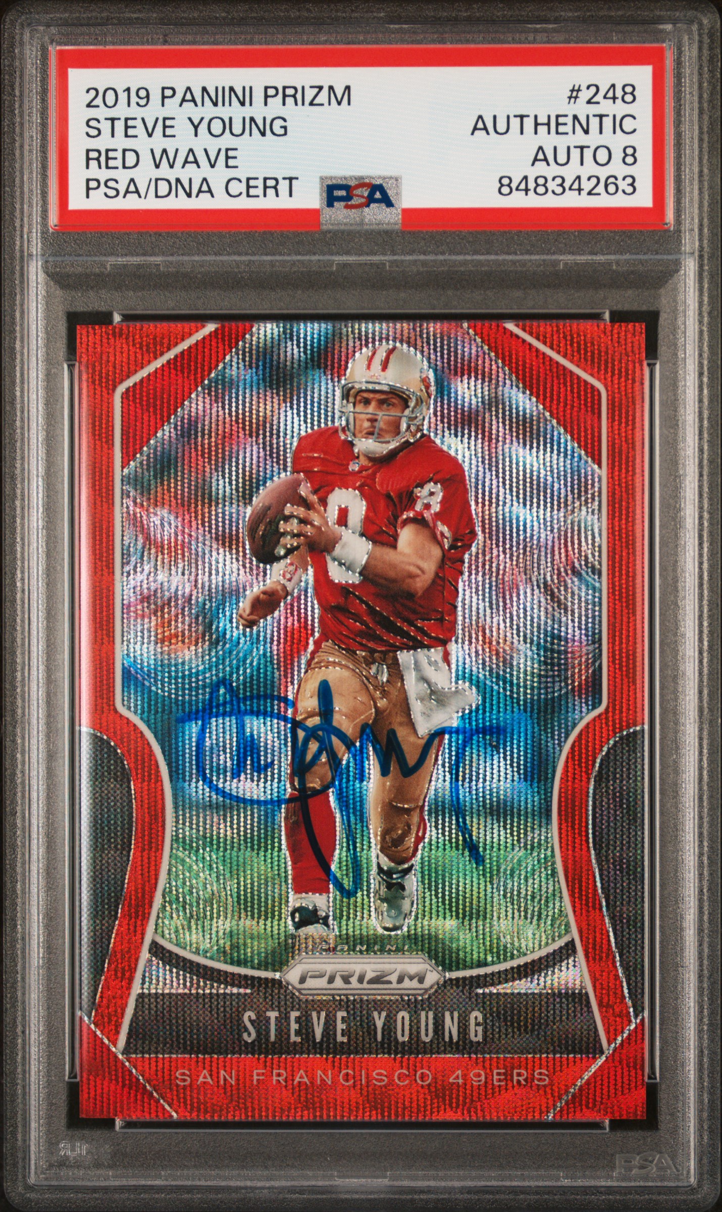 Steve Young 2019 Panini Prizm Red Wave Signed Card 248 Auto Graded PSA 8 106/149