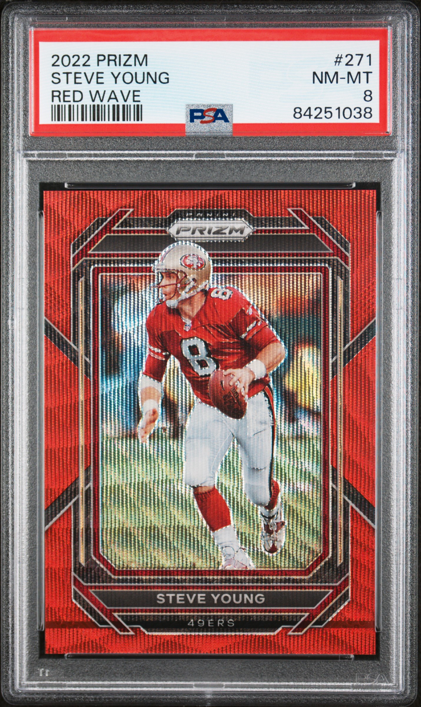 Steve Young 2022 Panini Prizm Red Wave Football Card #271 Graded PSA 8