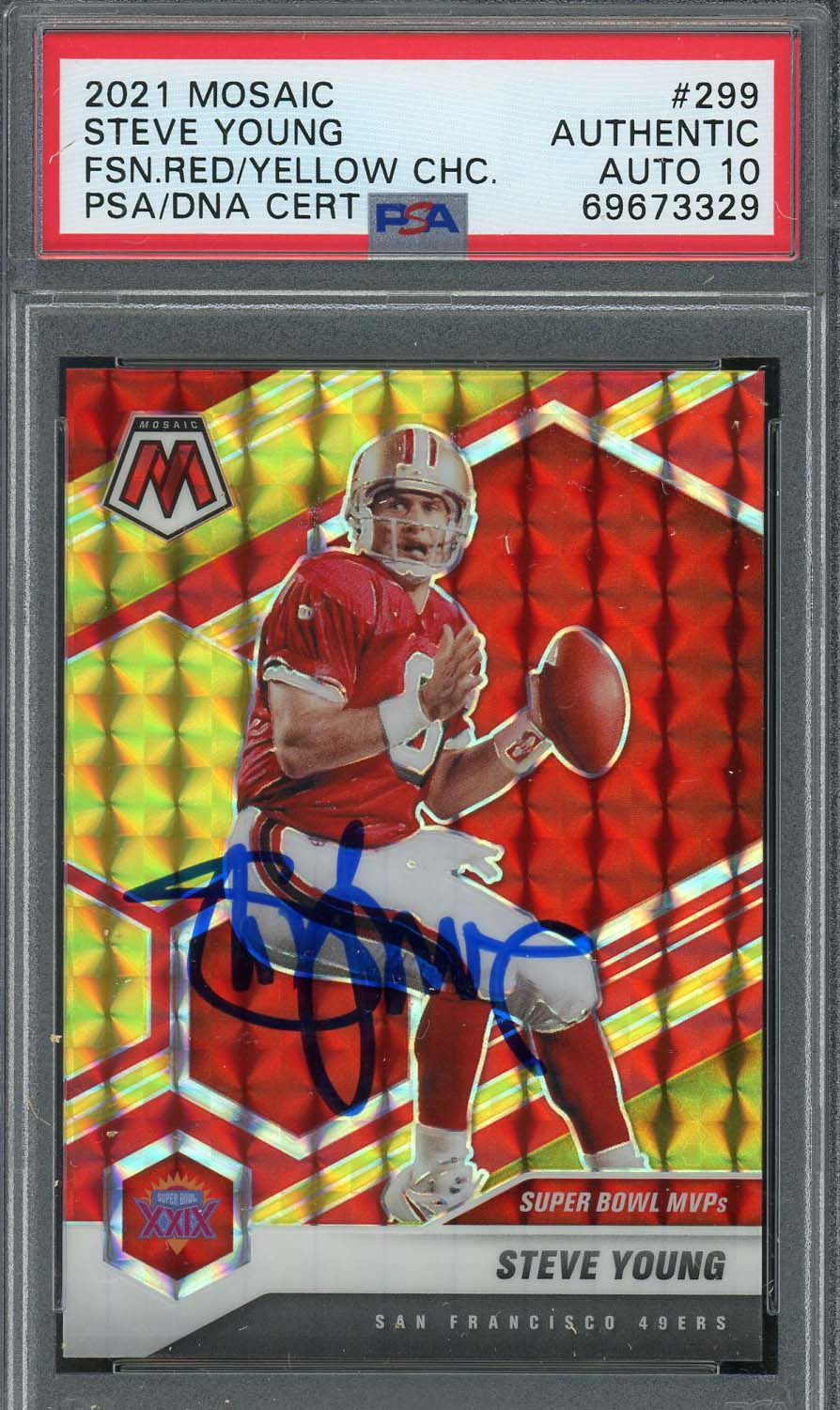 Steve Young 2021 Panini Mosaic Fusion Red Yellow Signed Card #299 Auto PSA 10
