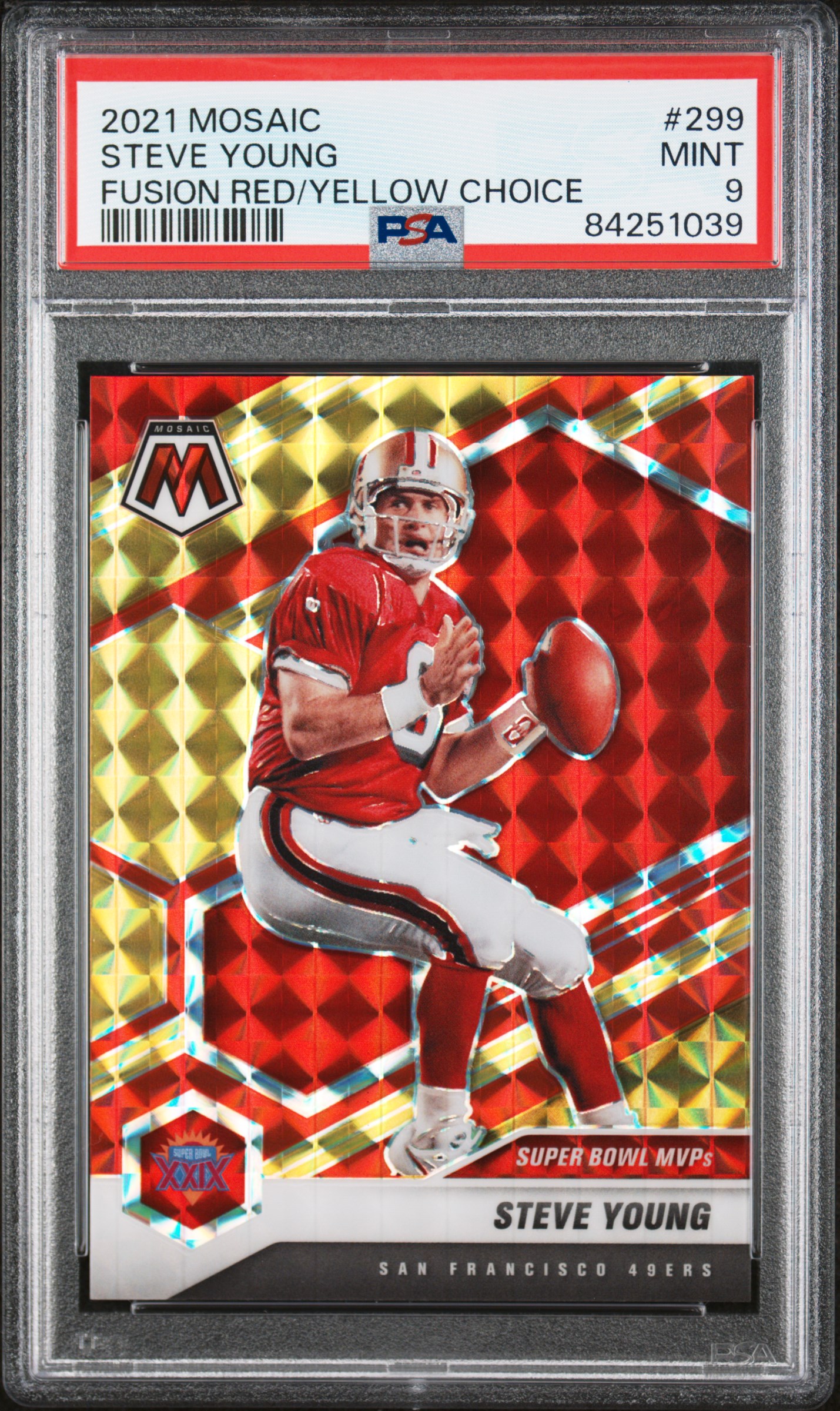 Steve Young 2021 Panini Mosaic Fusion Red Yellow Choice Card #299 PSA 9 65/80