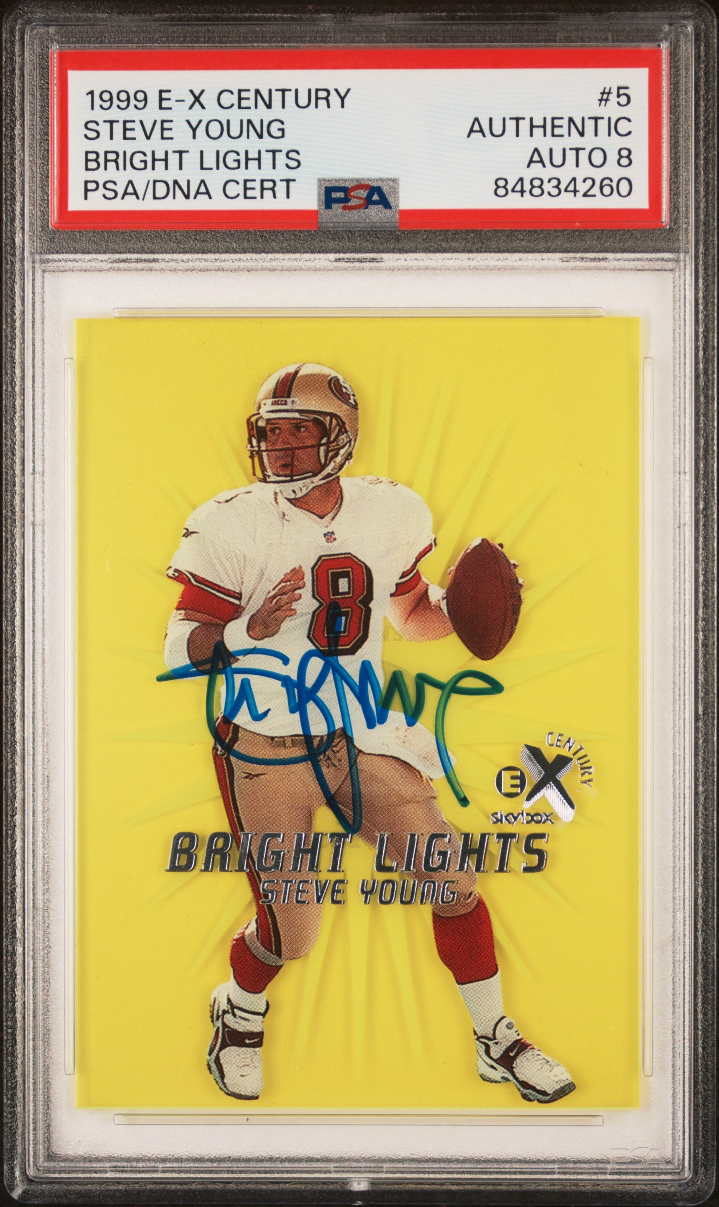 Steve Young 1999 E-X Century Bright Lights Signed Card #5 Auto Graded PSA 8