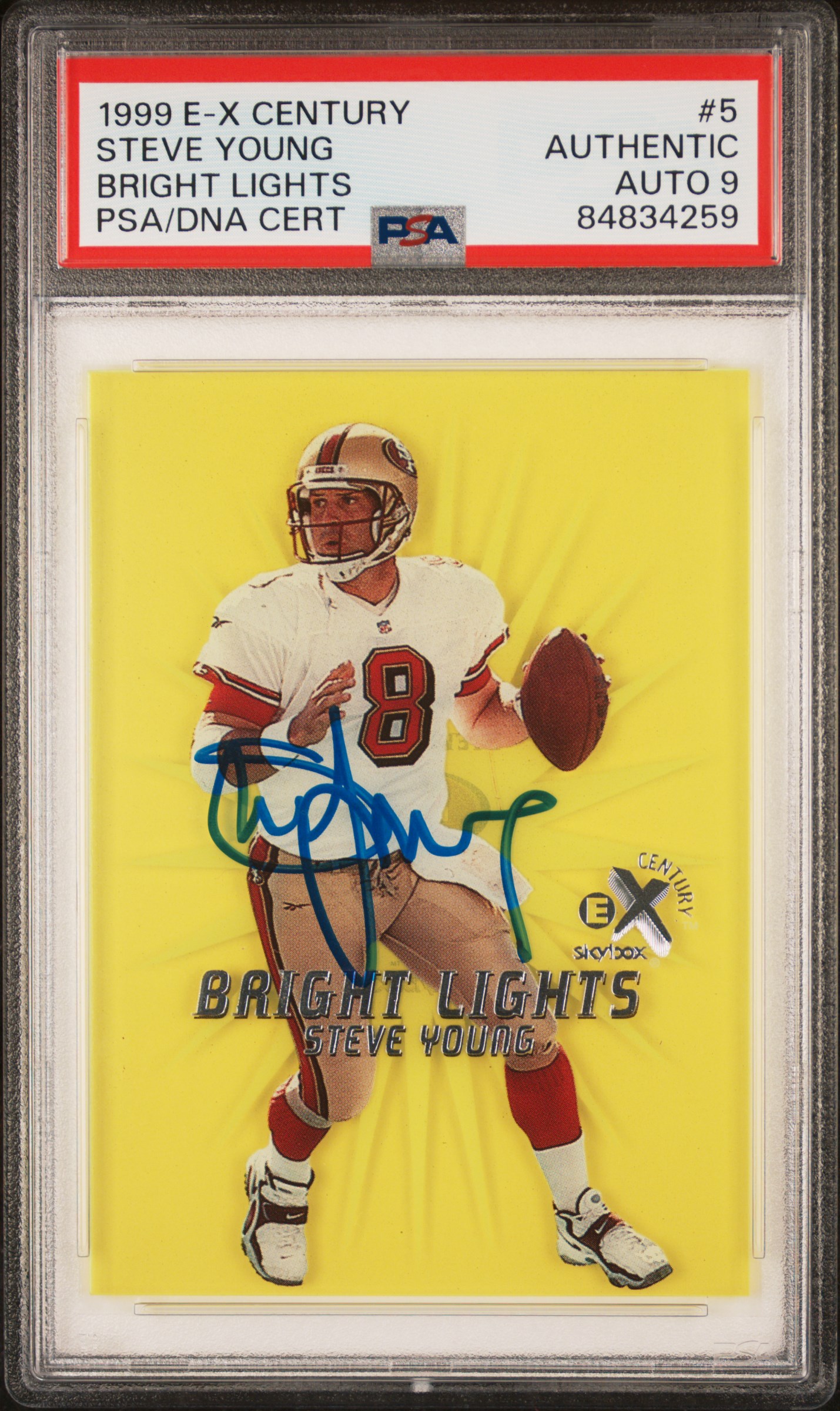 Steve Young 1999 E-X Century Bright Lights Signed Card #5 Auto Graded PSA 9