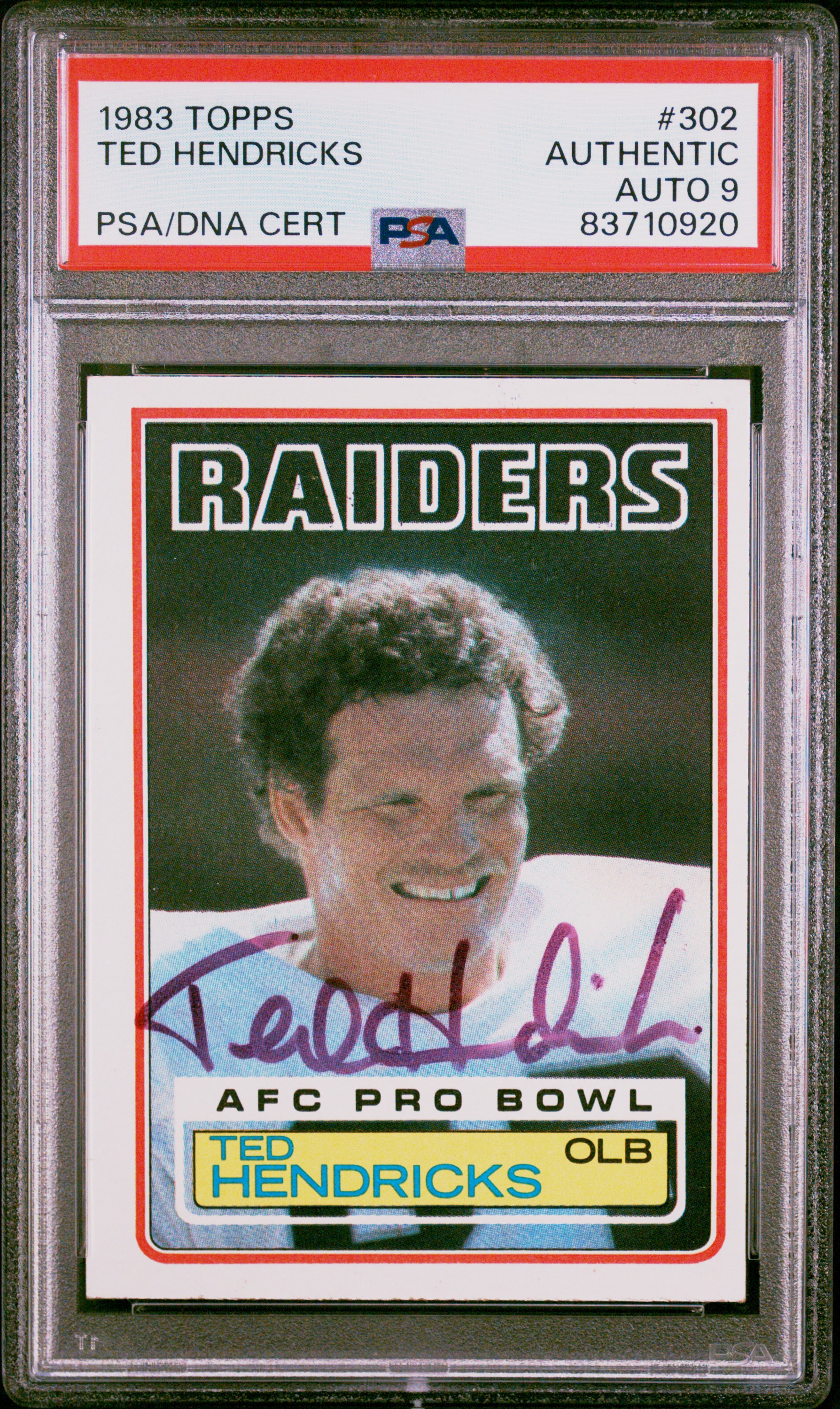 Ted Hendricks 1983 Topps Signed Football Card #302 Auto Graded PSA 9