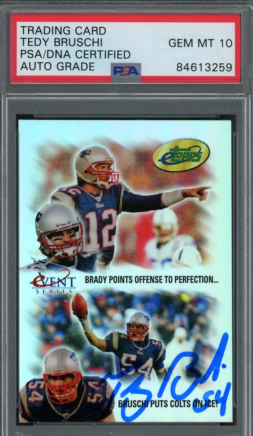 Tedy Bruschi Autographed 2005 eTopps Signed Card With Tom Brady PSA Auto 10 Blue Refractor Tedy Bruschi Autographed 2005 eTopps Signed Card With Tom Brady PSA Auto 10 Blue Refractor