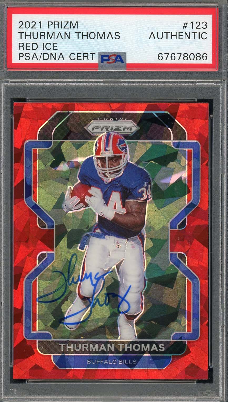 Thurman Thomas 2021 Panini Prizm Red Ice Football Signed Card #123 Auto PSA