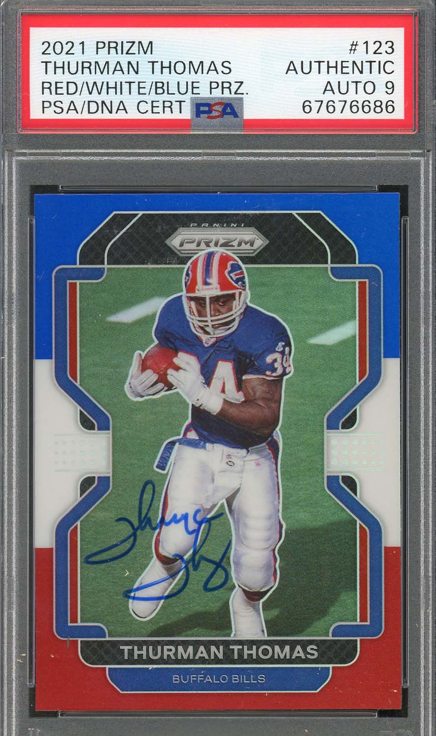 Thurman Thomas 2021 Panini Red White Blue Prizm Signed Card #123 Auto PSA 9 Thurman Thomas 2021 Panini Red White Blue Prizm Signed Card #123 Auto PSA 9