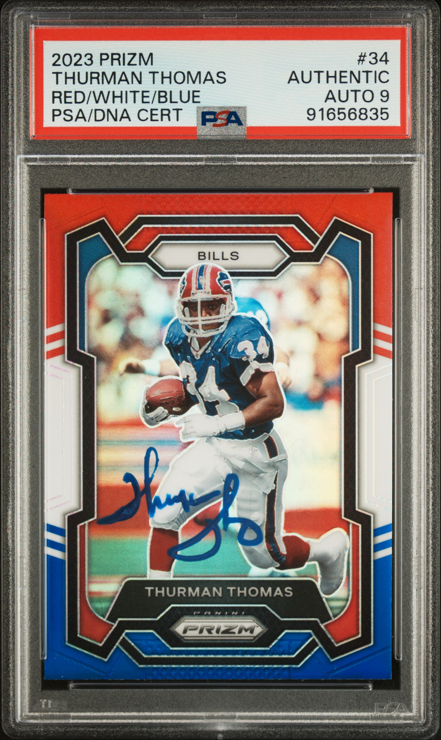 Thurman Thomas 2023 Panini Prizm Red White Blue Signed Card #34 Auto PSA 9