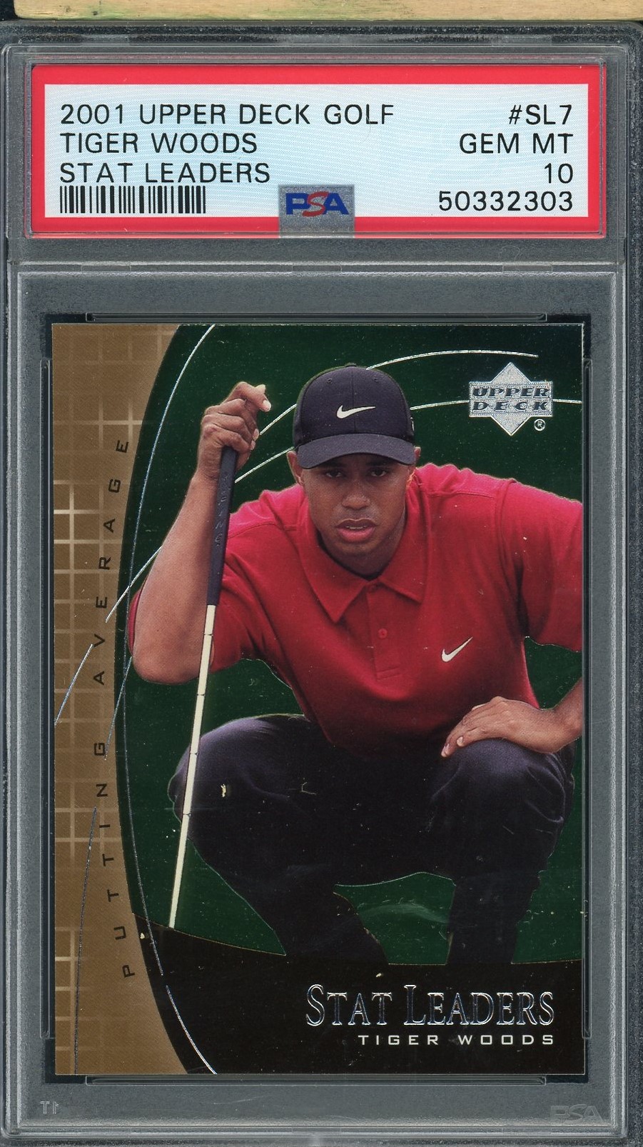 Tiger Woods 2001 Upper Deck Golf Stat Leaders Card #SL7 Graded PSA 10