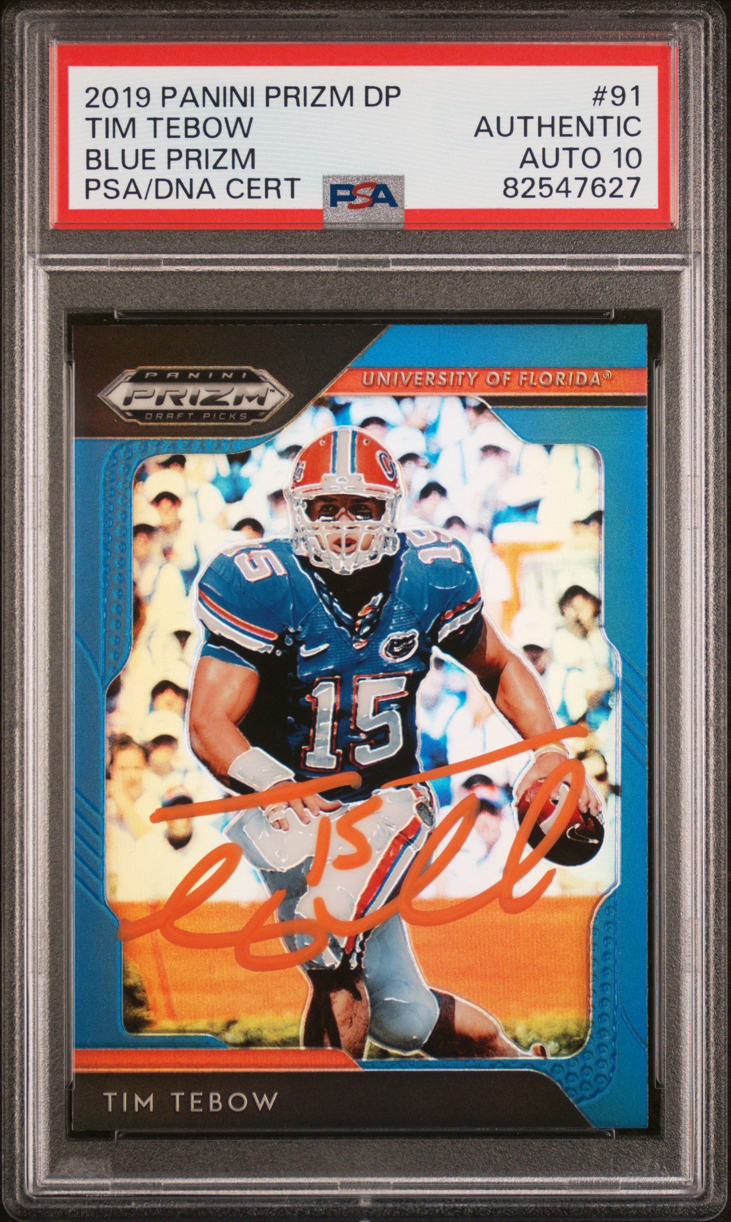 Tim Tebow 2019 Panini Prizm Blue Signed Football Card #91 Auto Graded PSA 10