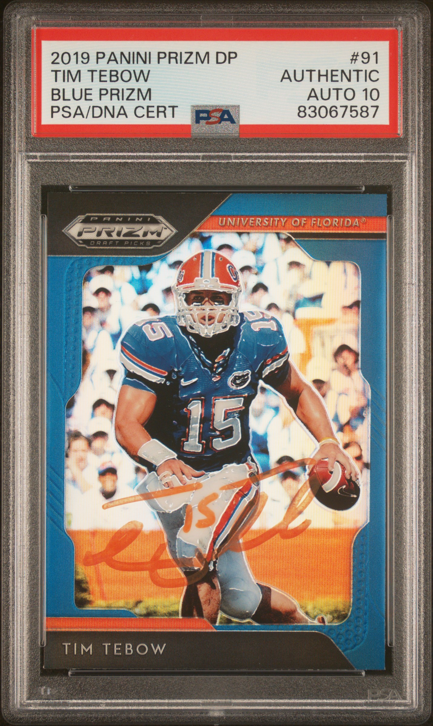 Tim Tebow 2019 Panini Prizm Draft Picks Blue Signed Card #91 Auto Graded PSA 10