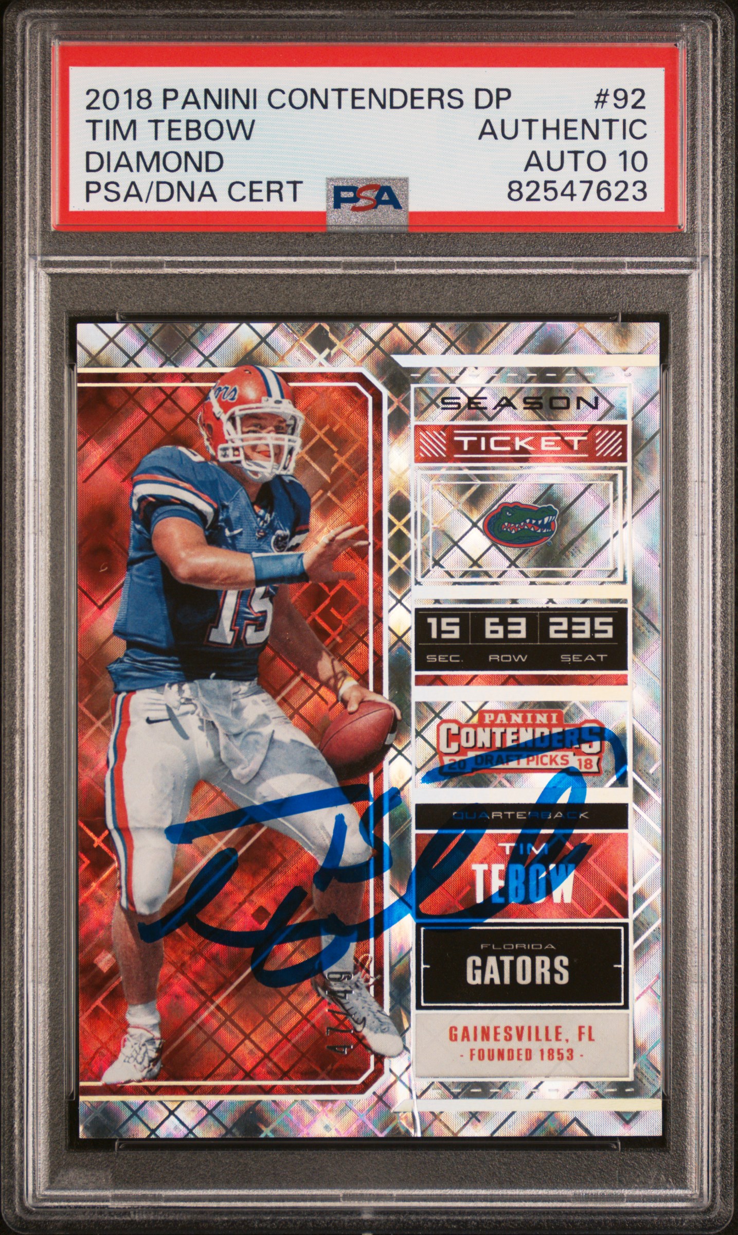 Tim Tebow 2018 Panini Contenders Diamond Signed Football Card #92 Auto PSA 10