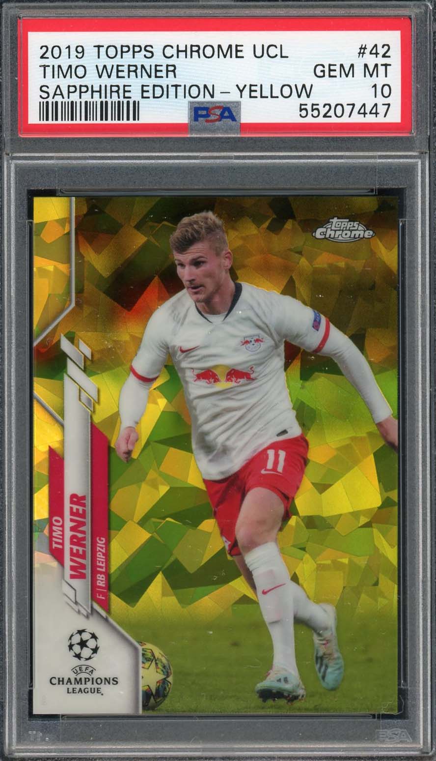 Timo Werner RB Leipzig 2019 Topps Chrome UCL Soccer Card Sapphire Yellow #42 Graded PSA 10 GEM MINT /99 Timo Werner RB Leipzig 2019 Topps Chrome UCL Soccer Card Sapphire Yellow #42 Graded PSA 10 GEM MINT /99