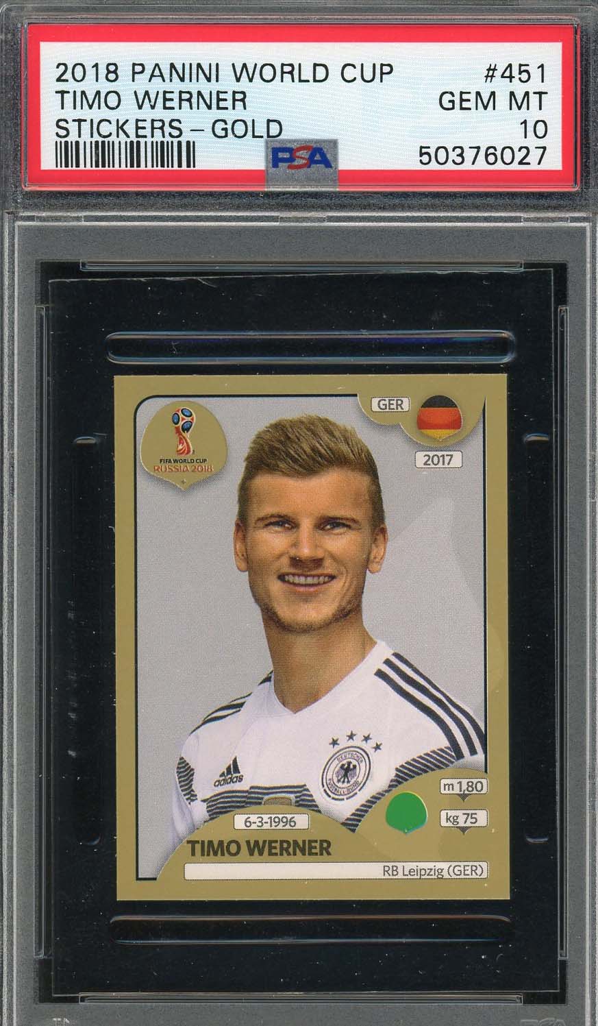 Timo Werner 2018 Panini World Cup Gold Stickers Card #451 PSA 10 Timo Werner 2018 Panini World Cup Gold Stickers Card #451 PSA 10