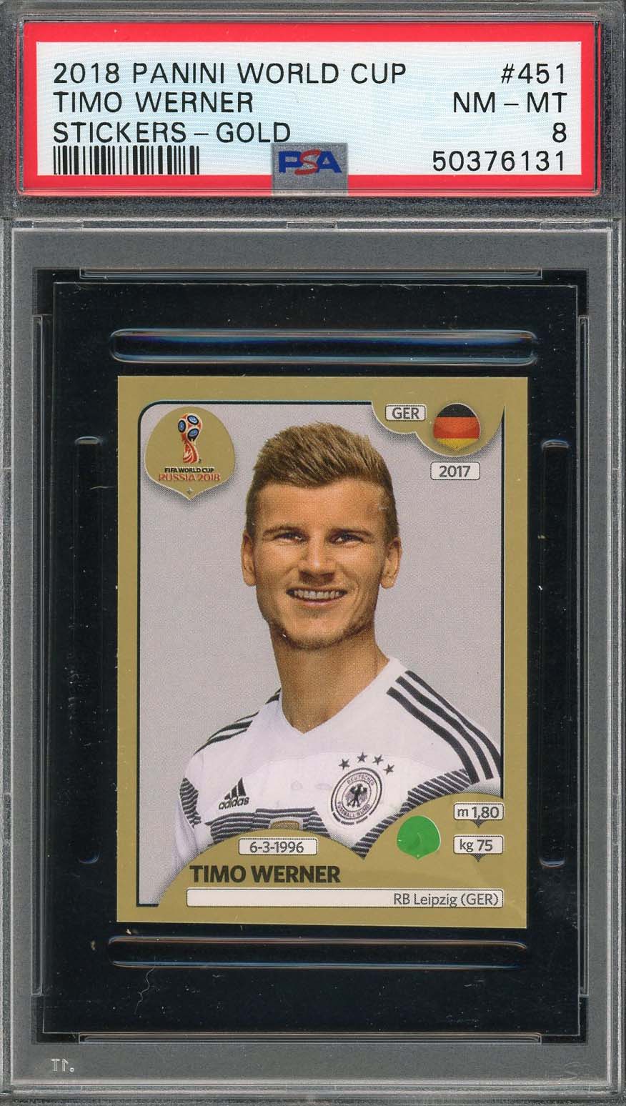 Timo Werner 2018 Panini World Cup Gold Stickers Card #451 PSA 8 Timo Werner 2018 Panini World Cup Gold Stickers Card #451 PSA 8