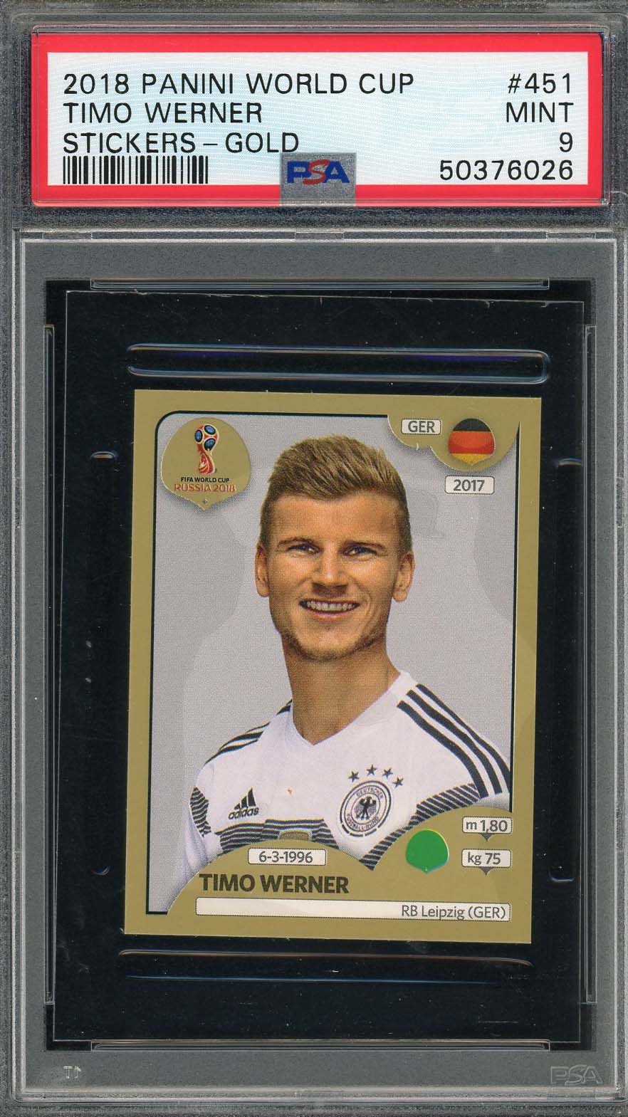Timo Werner 2018 Panini World Cup Gold Stickers Card #451 PSA 9 Timo Werner 2018 Panini World Cup Gold Stickers Card #451 PSA 9