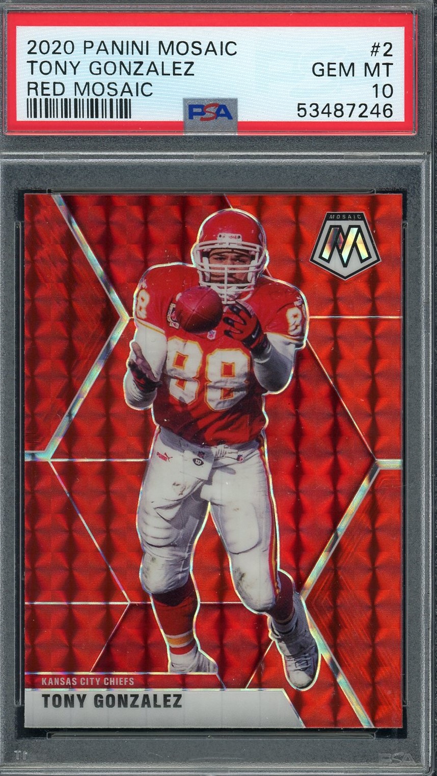 Tony Gonzalez 2020 Panini Mosaic Red Football Card #2 Graded PSA 10
