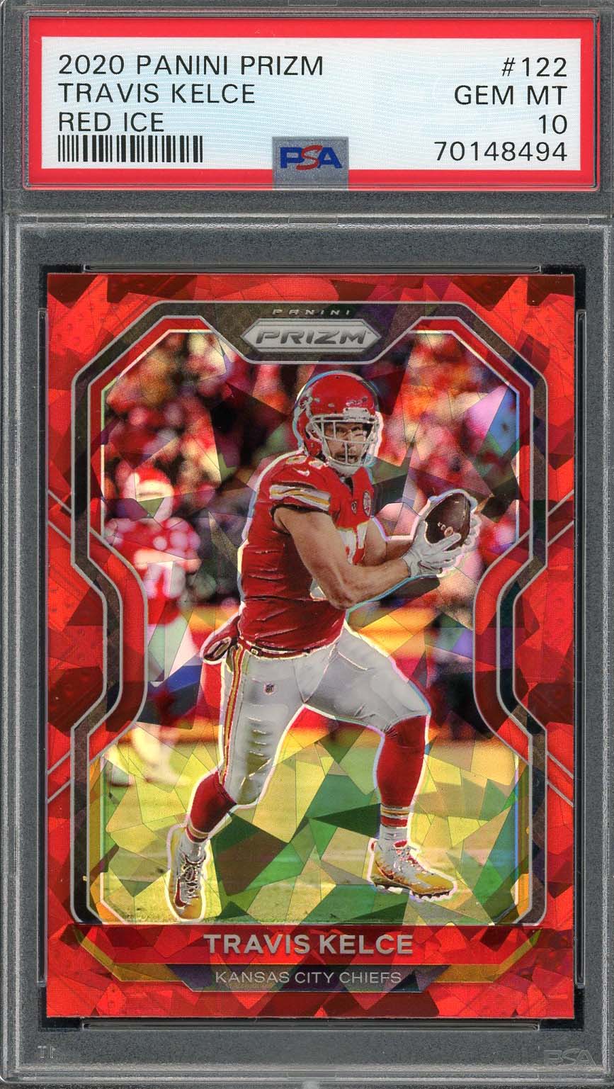 Travis Kelce 2020 Panini Prizm Red Ice Football Card #122 Graded PSA 10