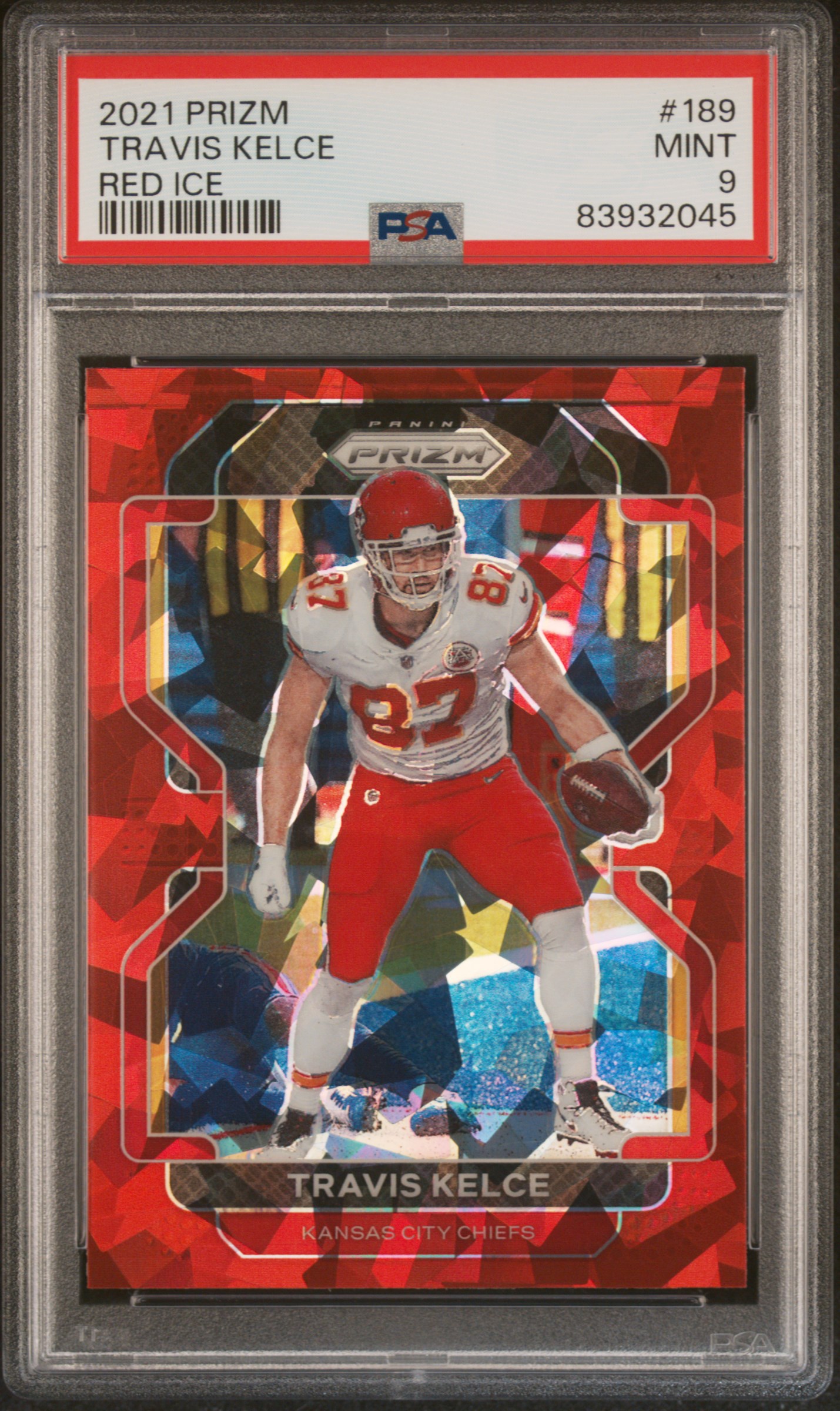 Travis Kelce 2021 Panini Prizm Red Ice Football Card #189 Graded PSA 9