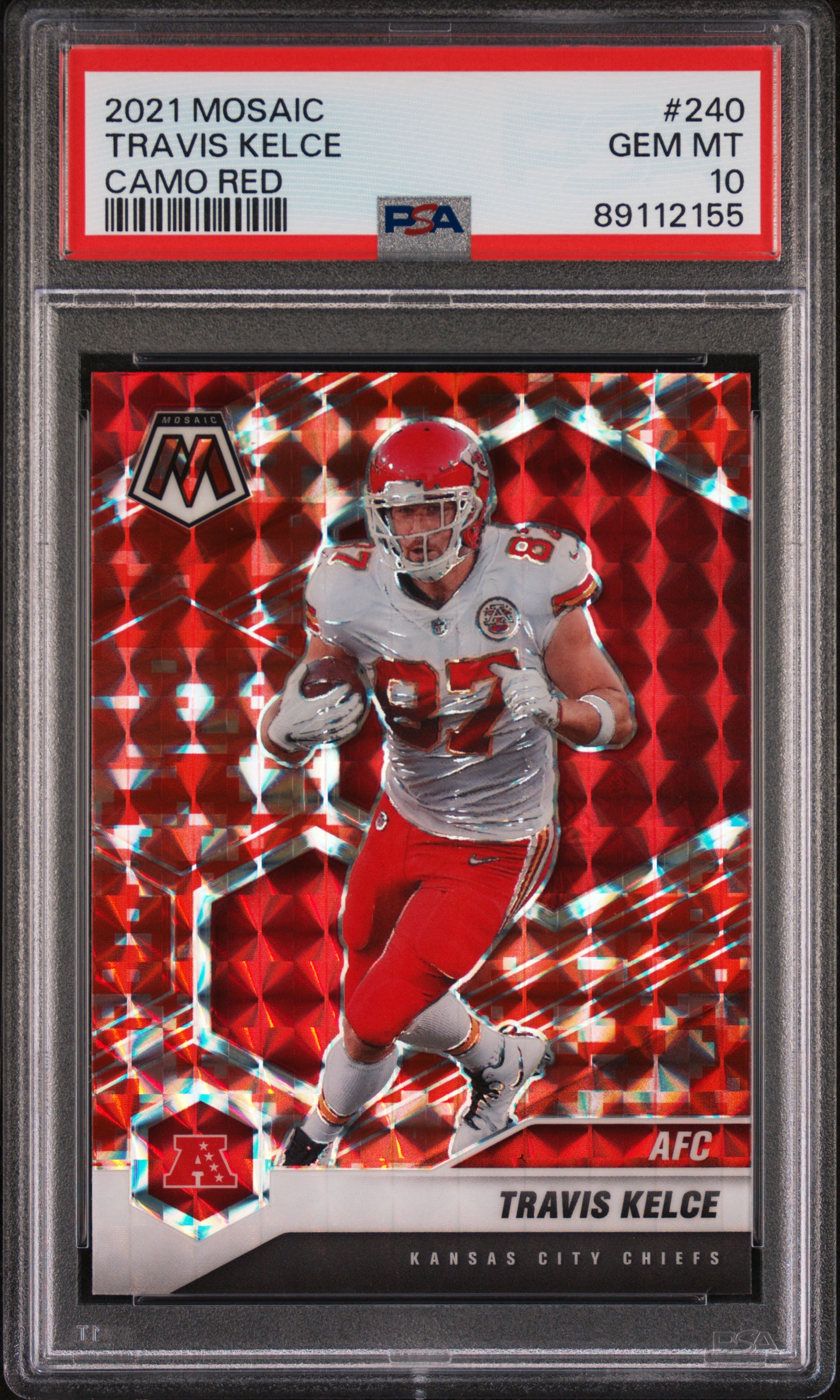 Travis Kelce 2021 Panini Mosaic Camo Red Football Card #240 Graded PSA 10