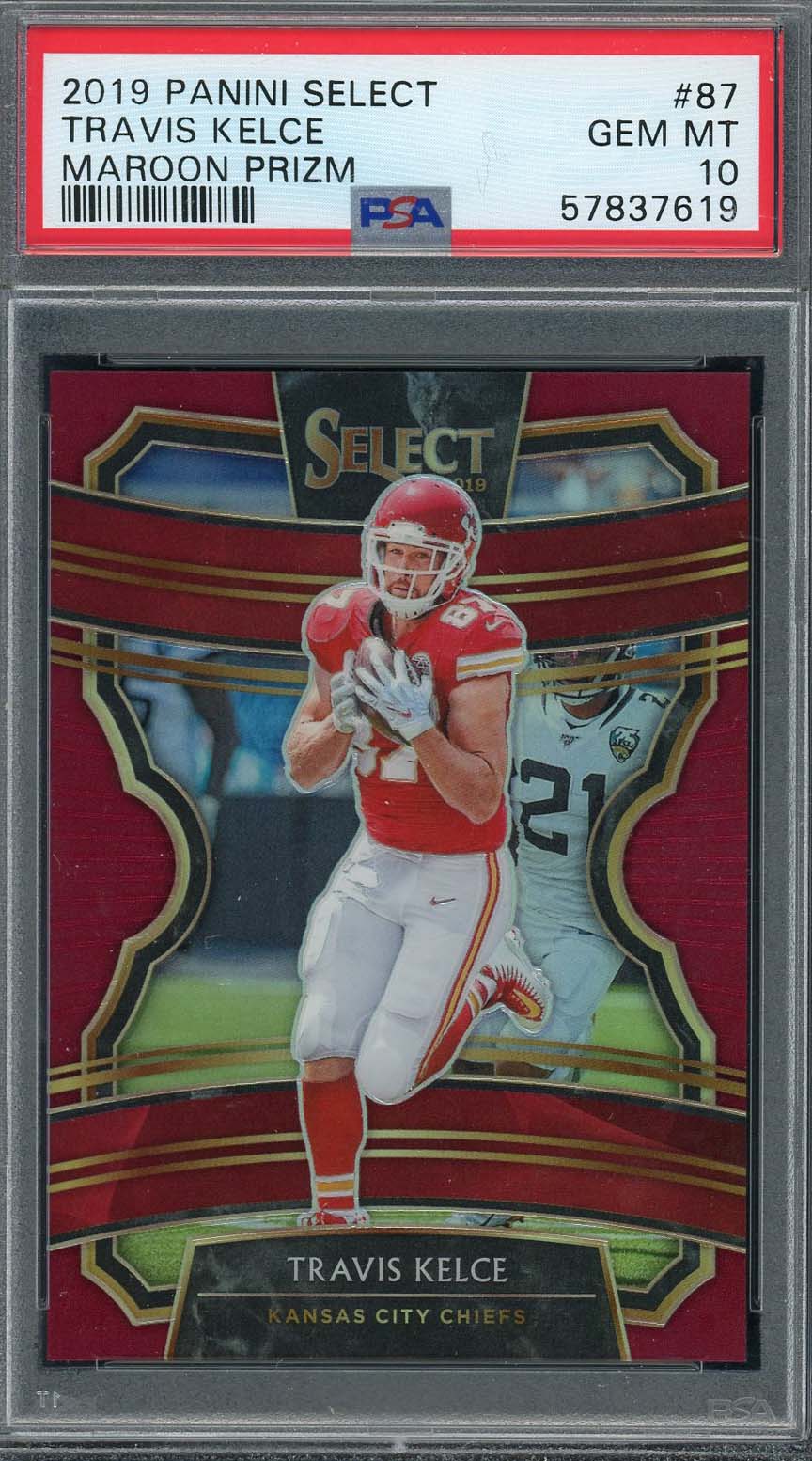 Travis Kelce 2020 Panini Select Maroon Prizm Football Card #87 PSA 10 /149 Travis Kelce 2020 Panini Select Maroon Prizm Football Card #87 PSA 10 /149