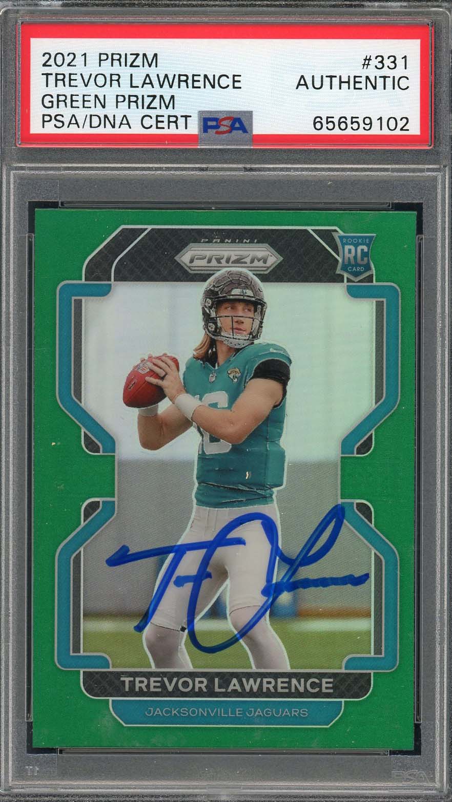 Trevor Lawrence Autographed 2021 Panini Green Prizm Rookie Card #331 Auto PSA