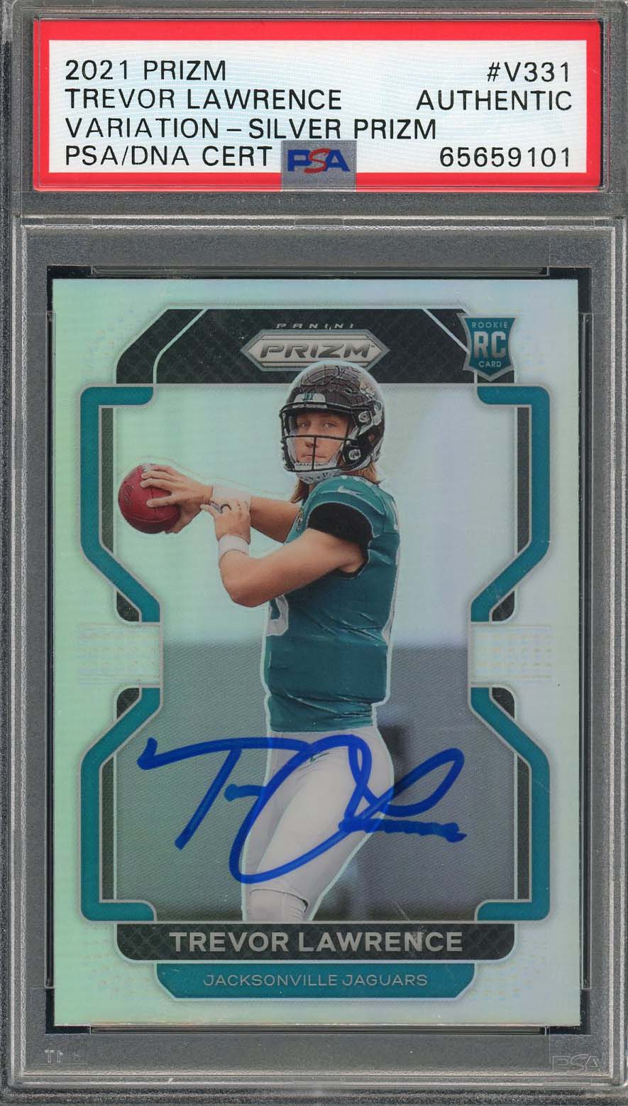 Trevor Lawrence Autographed 2021 Panini Silver Prizm Rookie Card #V-331 PSA 9101