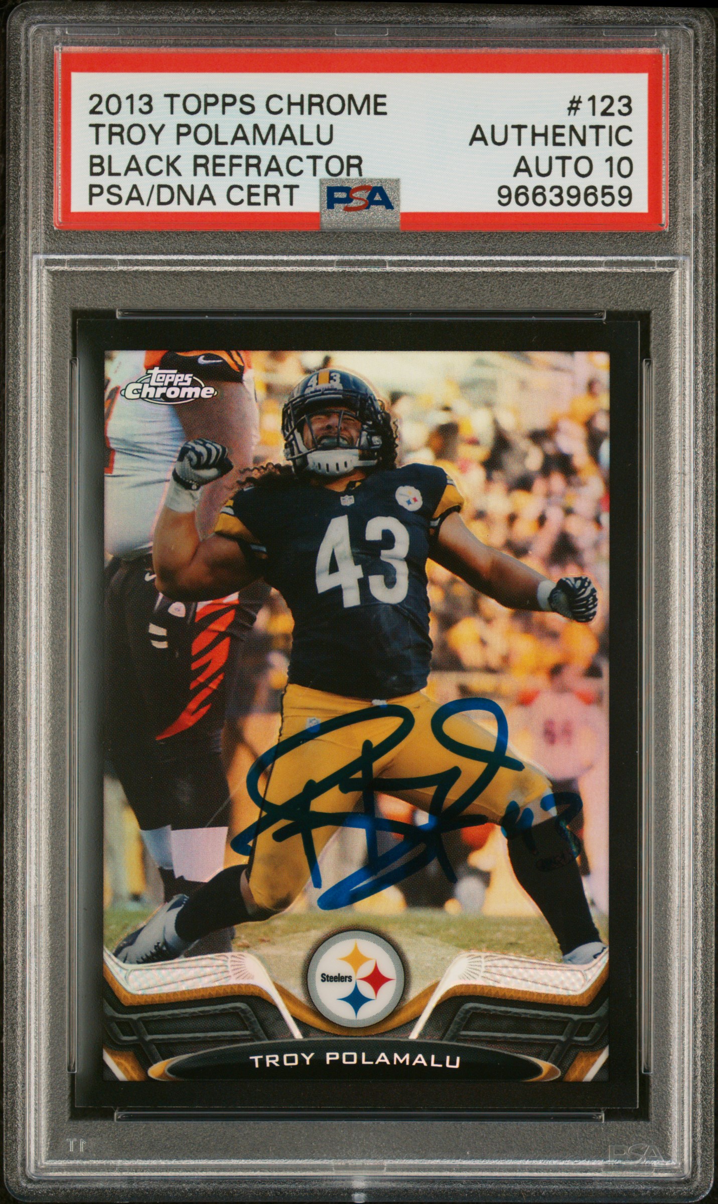 Troy Polamalu 2013 Topps Chrome Black Refractor Card #123 Auto PSA 10 244/299