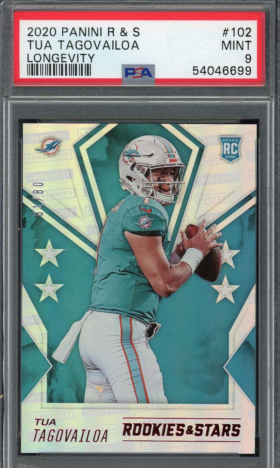 Tua Tagovailoa 2020 Panini Rookies & Stars Silver Football Rookie Card RC #102 Graded PSA 9 MINT 61/80 Tua Tagovailoa 2020 Panini Rookies & Stars Silver Football Rookie Card RC #102 Graded PSA 9 MINT 61/80