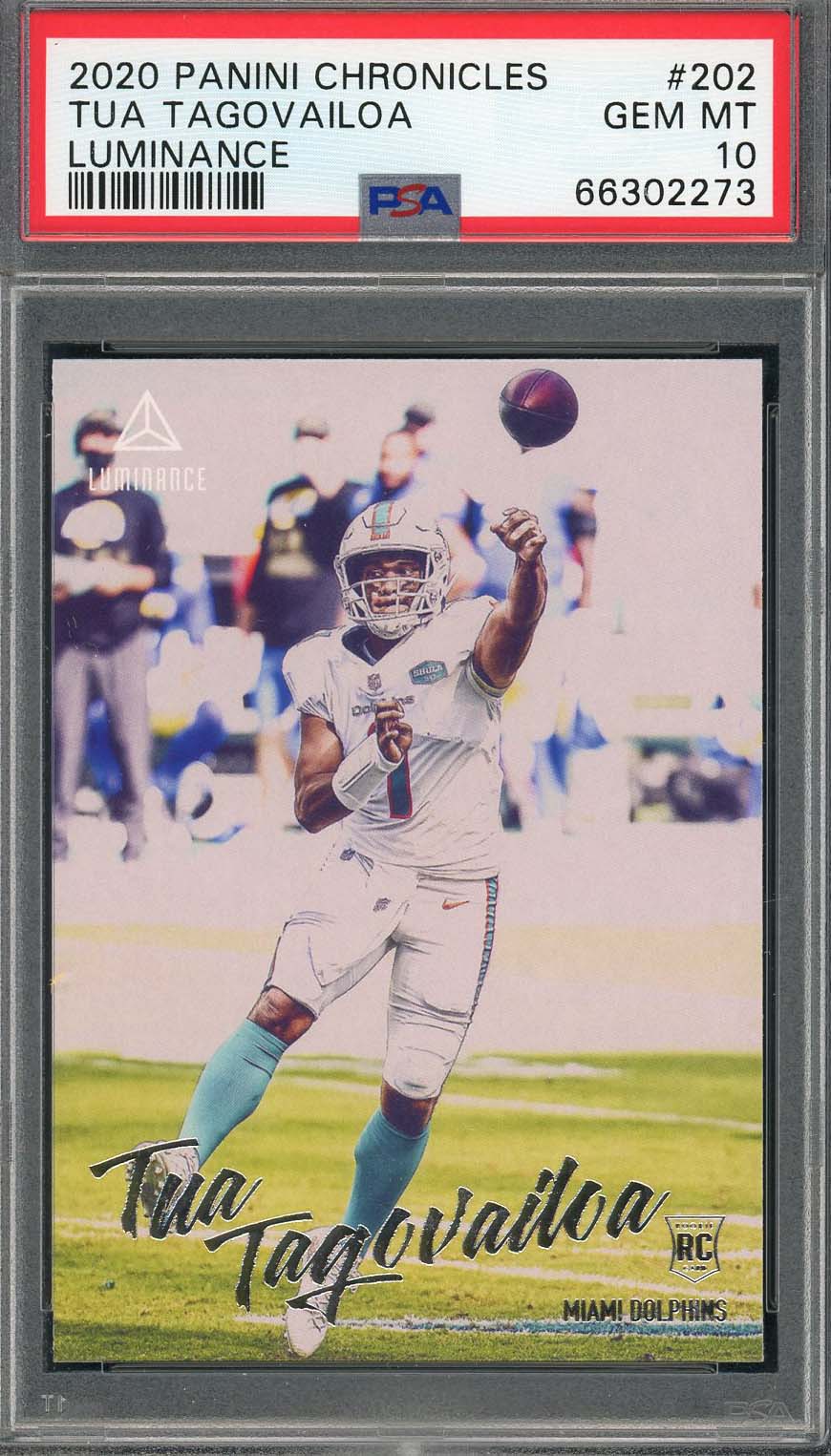 Tua Tagovailoa 2020 Panini Chronicles Luminance Rookie Card #202 Graded PSA 10 Tua Tagovailoa 2020 Panini Chronicles Luminance Rookie Card #202 Graded PSA 10